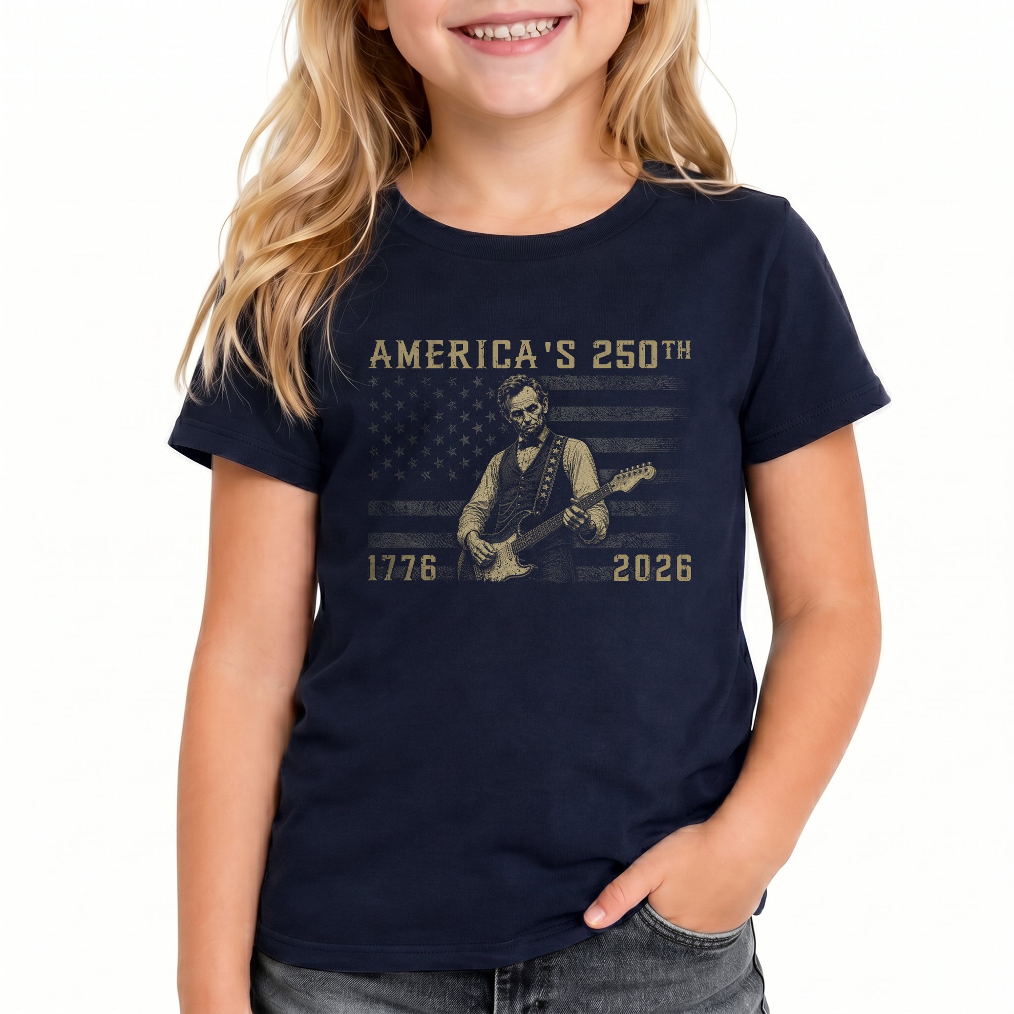 Kids America's 250th T-Shirt 1776–2026 Lincoln Guitar Patriotic Youth Graphic Tee
