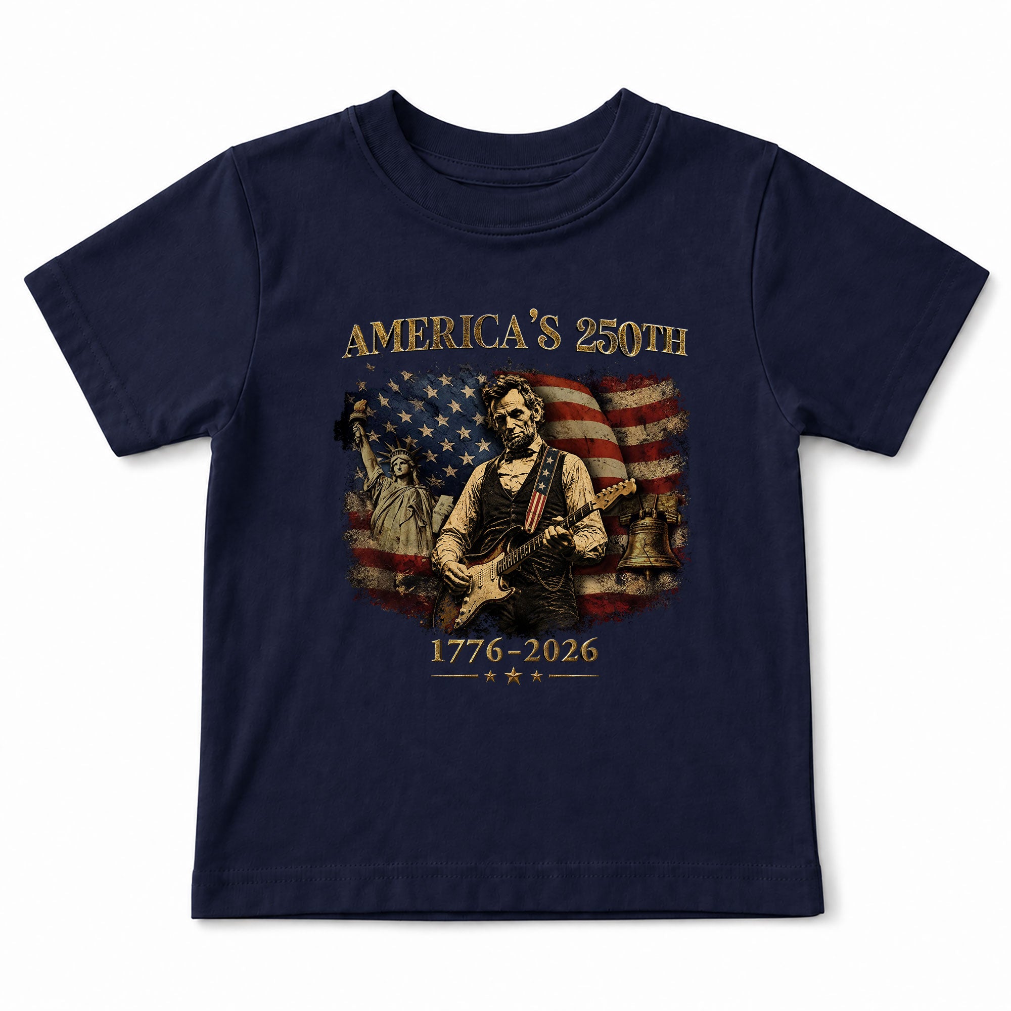 Kids America's 250th Anniversary T-Shirt 1776–2026 Lincoln Patriotic Guitar Tee