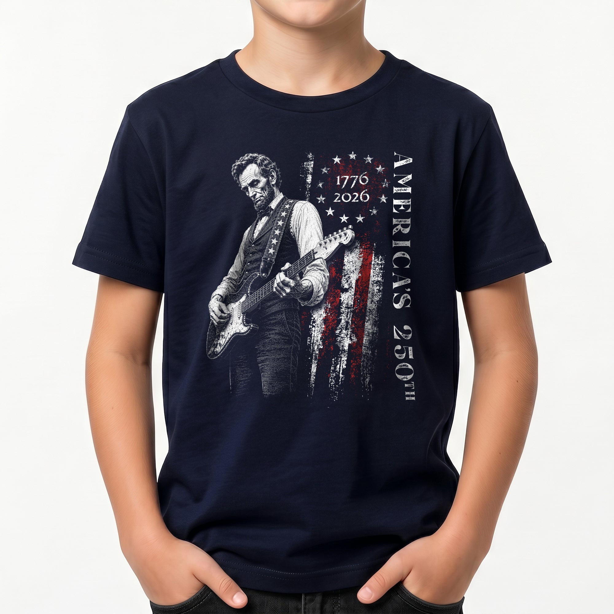 America's 250th Anniversary Kids Shirt 1776–2026 Lincoln Guitar Freedom Tee