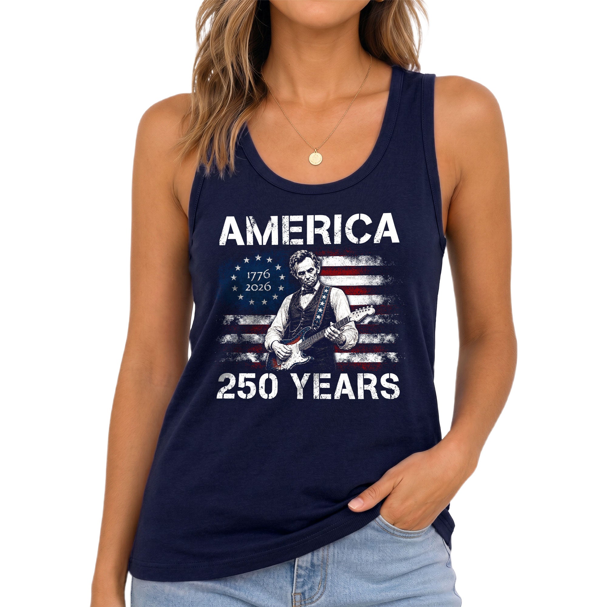 250 Years Tank Top Women America Lincoln Guitar Betsy Ross Flag Patriotic US Shirt