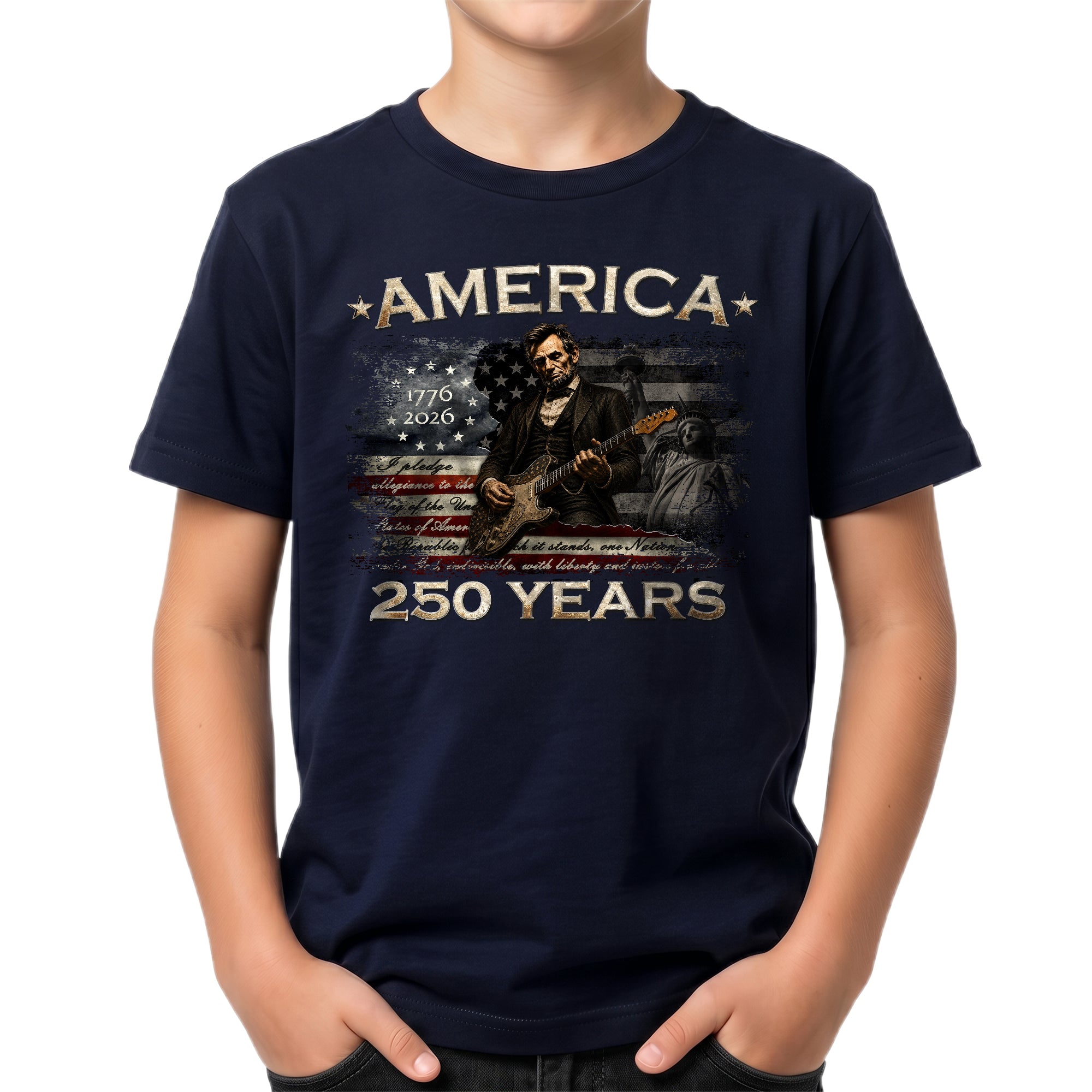 Kids America 250 Years T-Shirt 1776–2026 Lincoln Patriotic Guitar Youth Tee