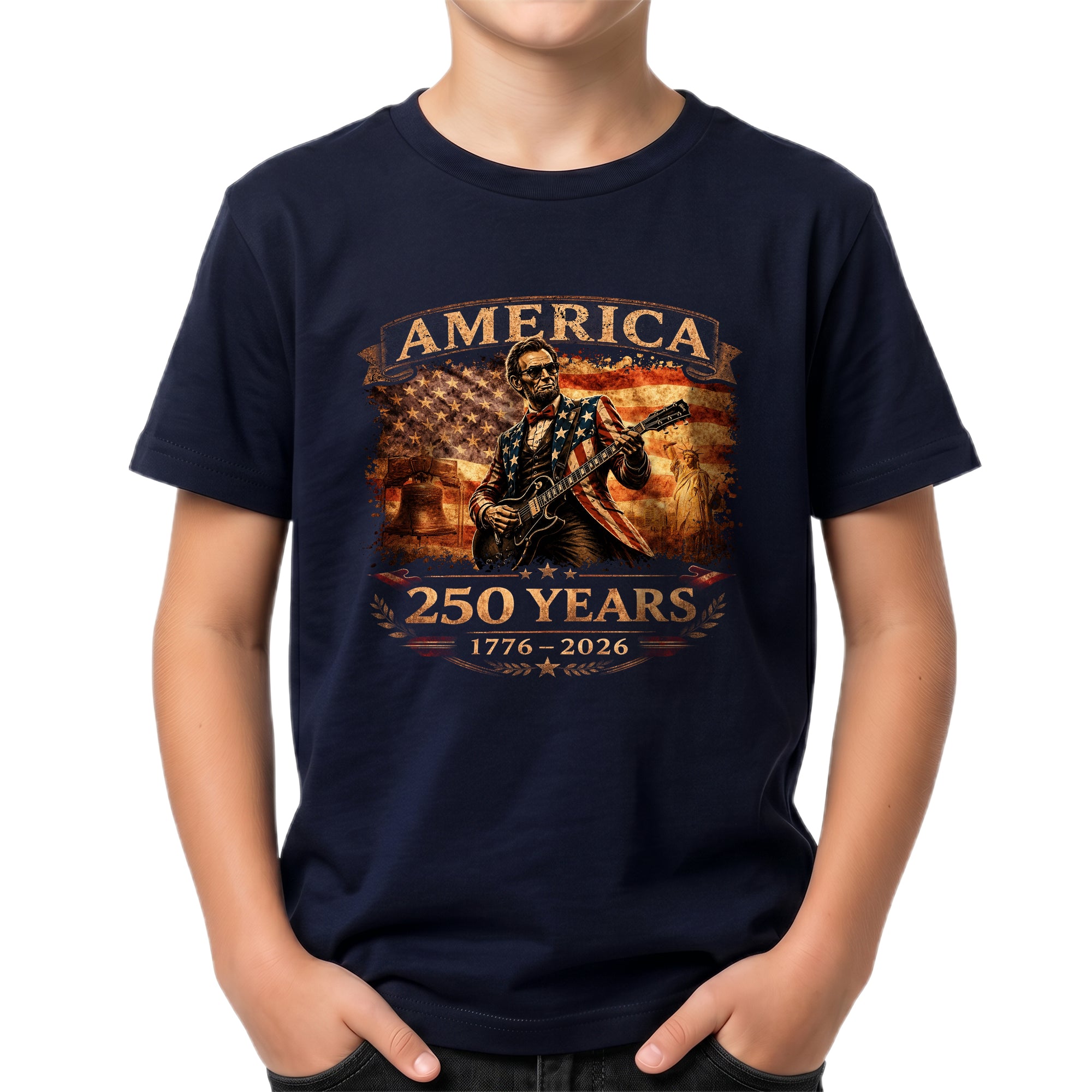 Kids America 250 Years T-Shirt 1776–2026 Lincoln Guitar Patriotic Youth Graphic Tee