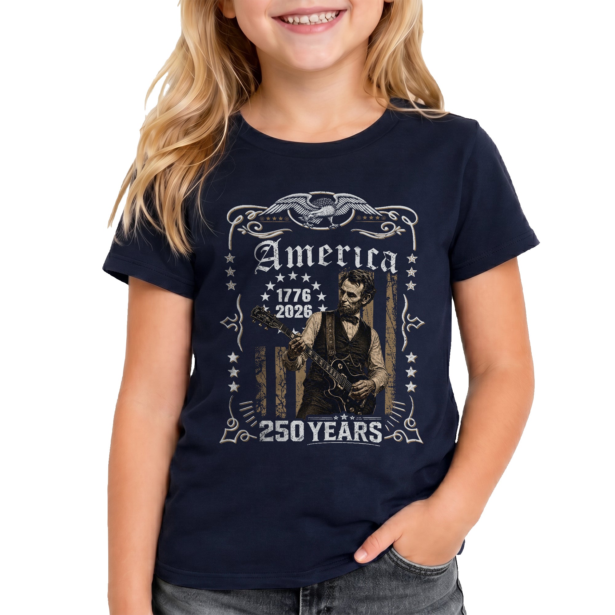 America 250 Years Kids Shirt 1776–2026 Lincoln Music Patriotic Youth Tee