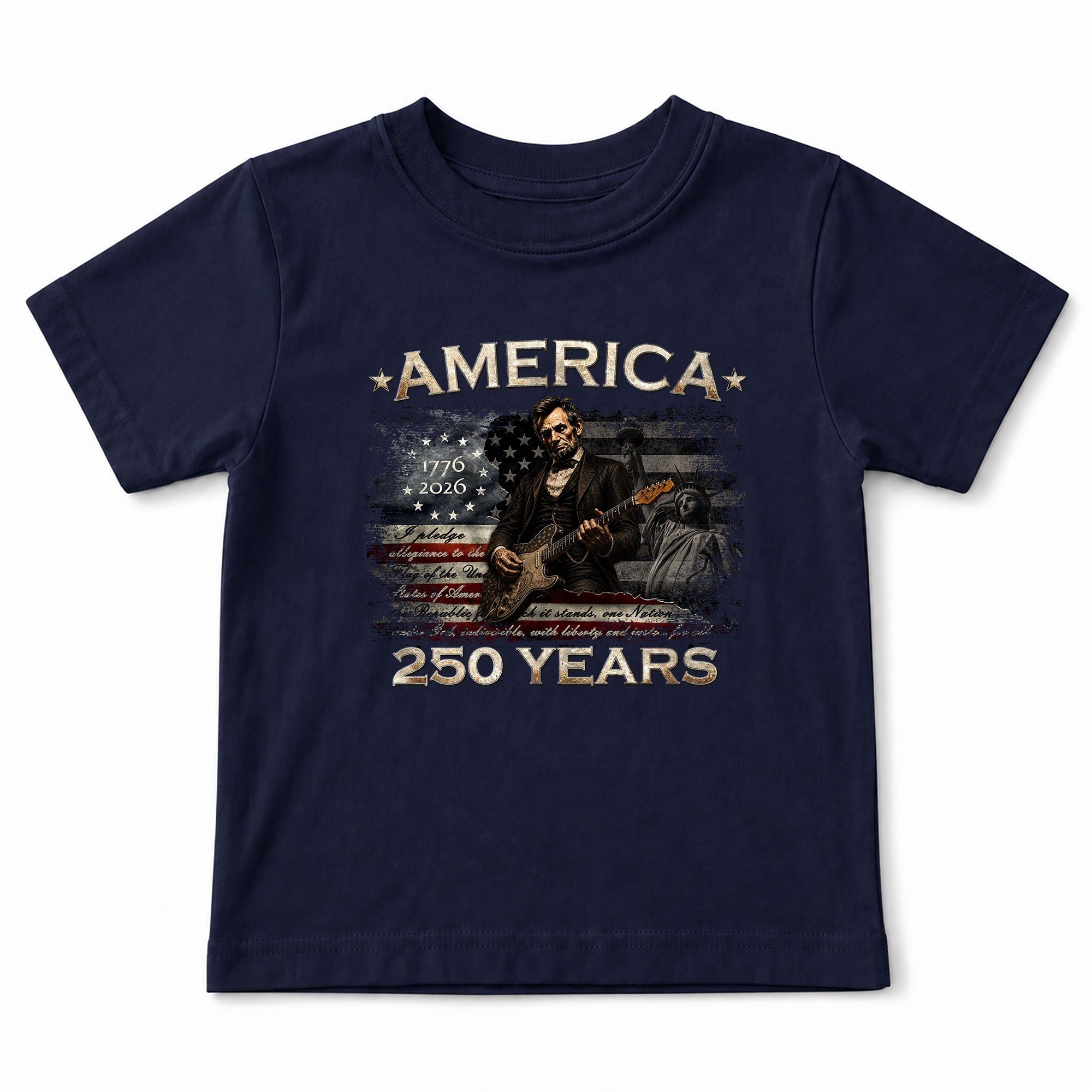 Kids America 250 Years T-Shirt 1776–2026 Lincoln Patriotic Guitar Youth Tee
