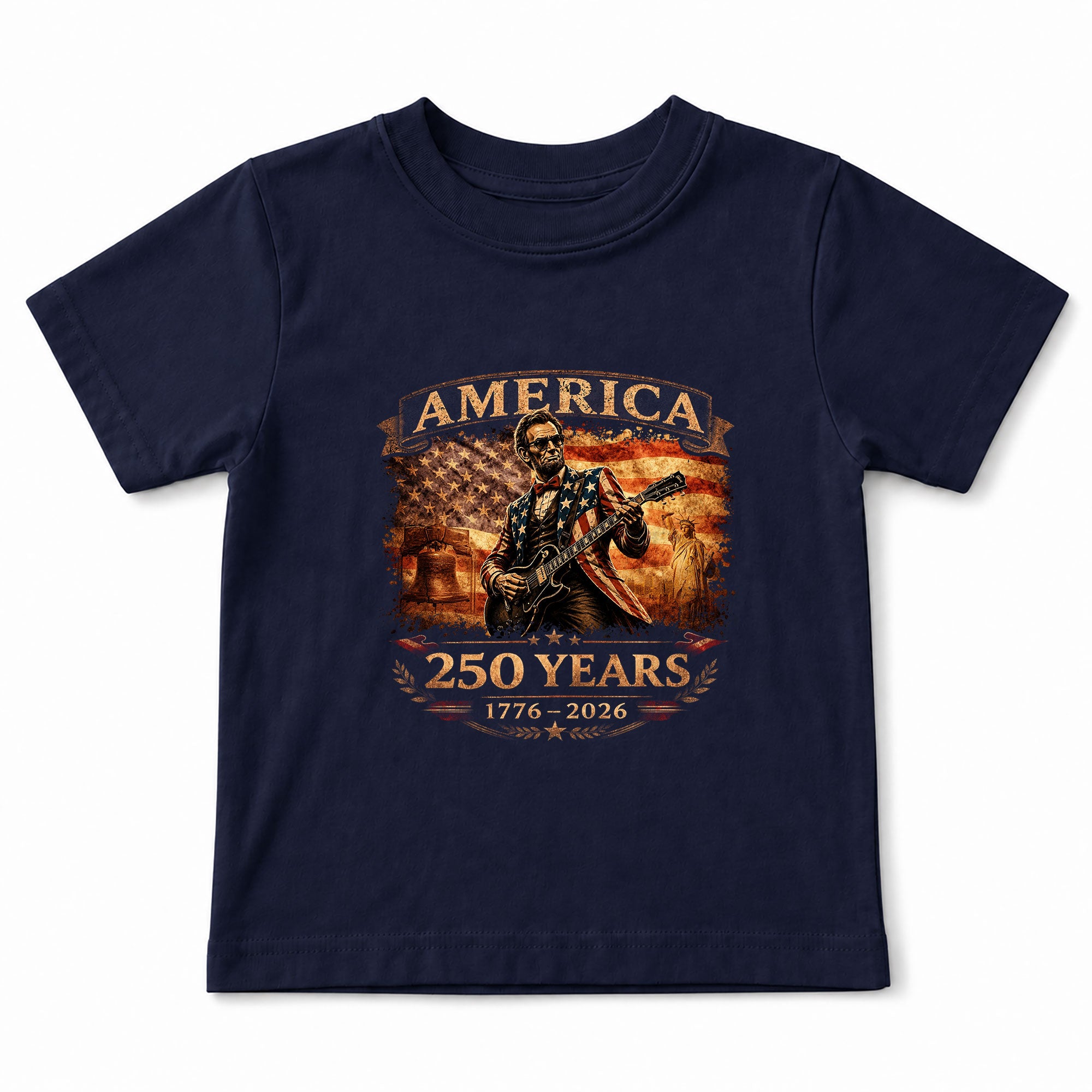 Kids America 250 Years T-Shirt 1776–2026 Lincoln Guitar Patriotic Youth Graphic Tee
