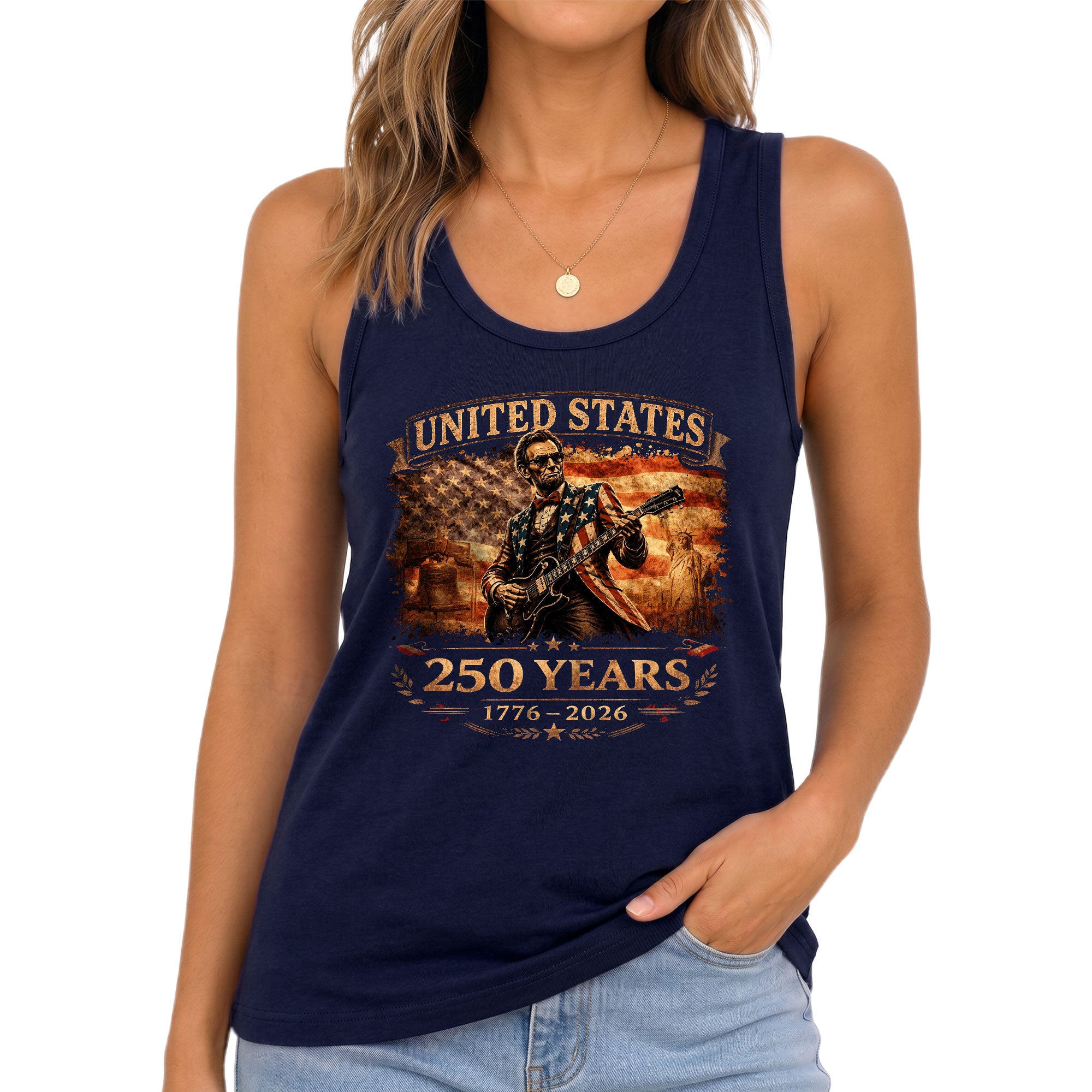 250 Years Tank Top Women America Lincoln Guitar Flag Patriotic Liberty 1776-2026 Shirt