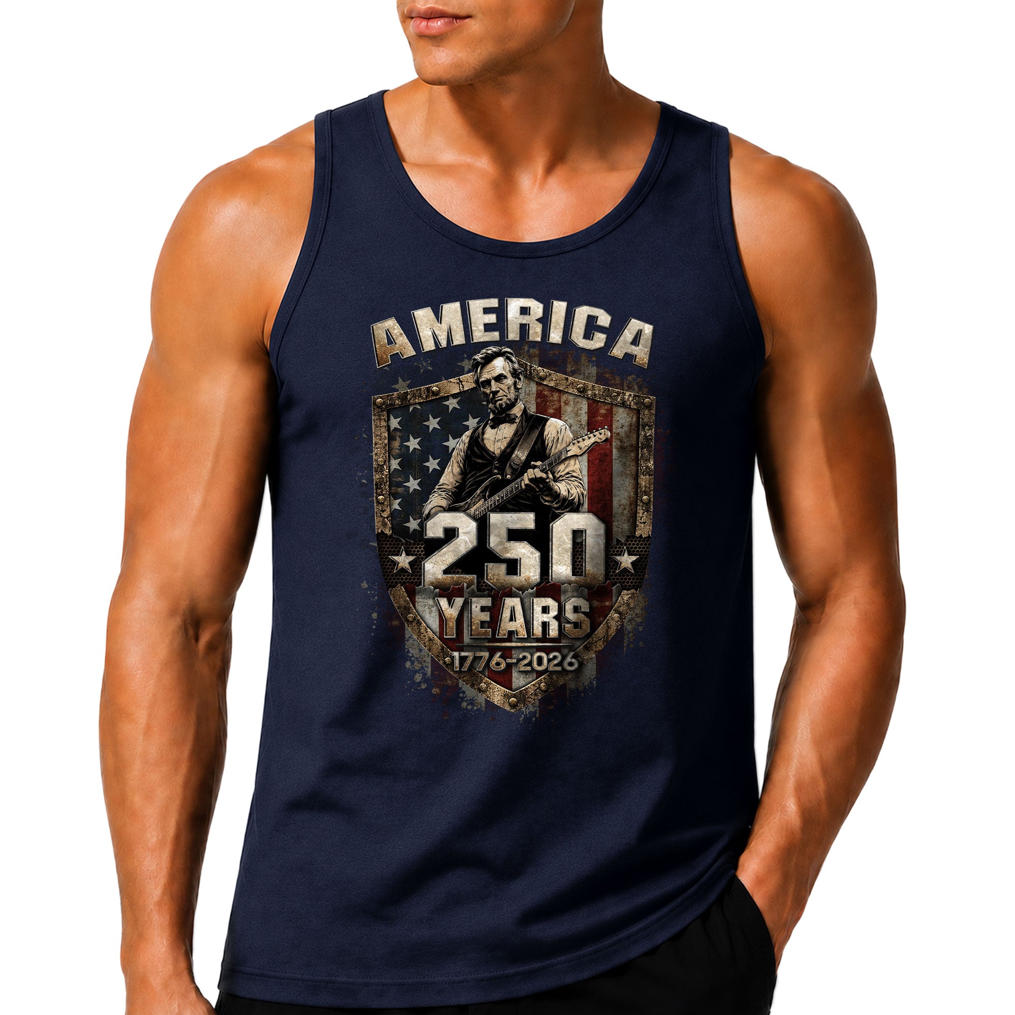 Rockstar Lincoln Shield Tank Top 1776-2026 Patriotic Grunge Men Graphic Sleeveless Shirt