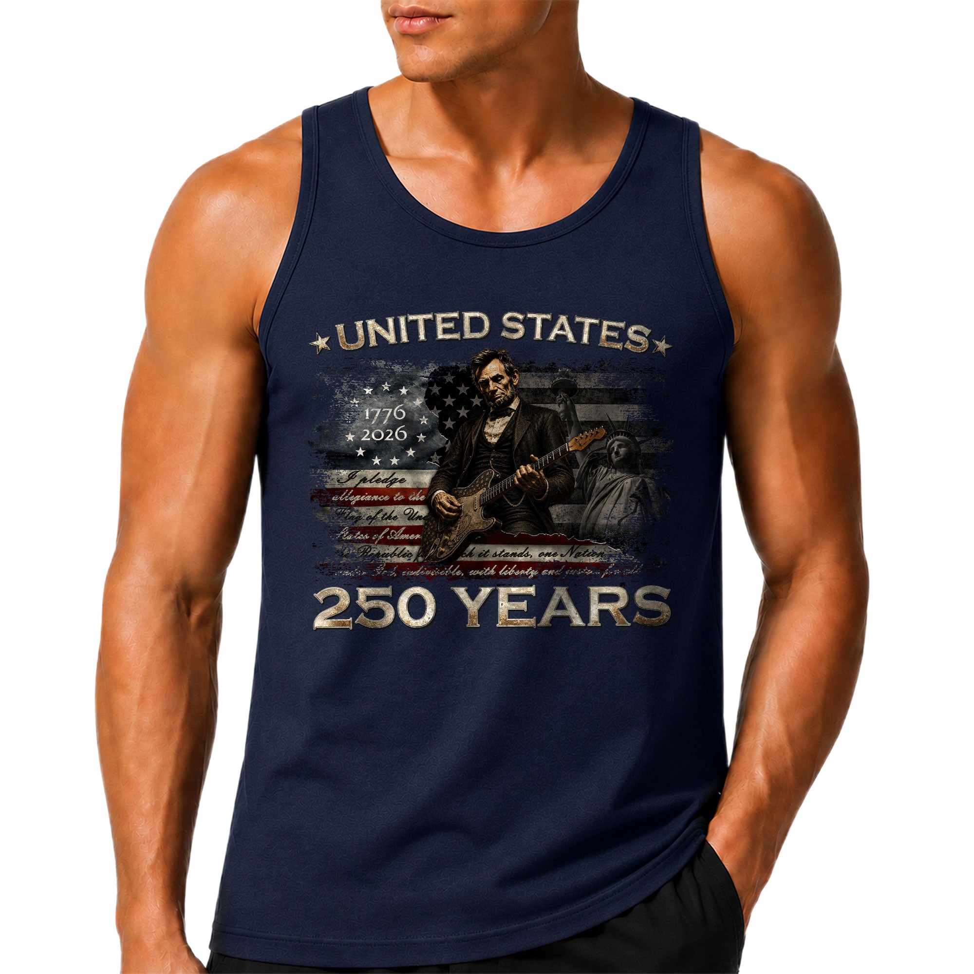 Pledge of Allegiance Lincoln Guitar Tank Top 1776-2026 Patriotic Men Graphic Gym Shirt