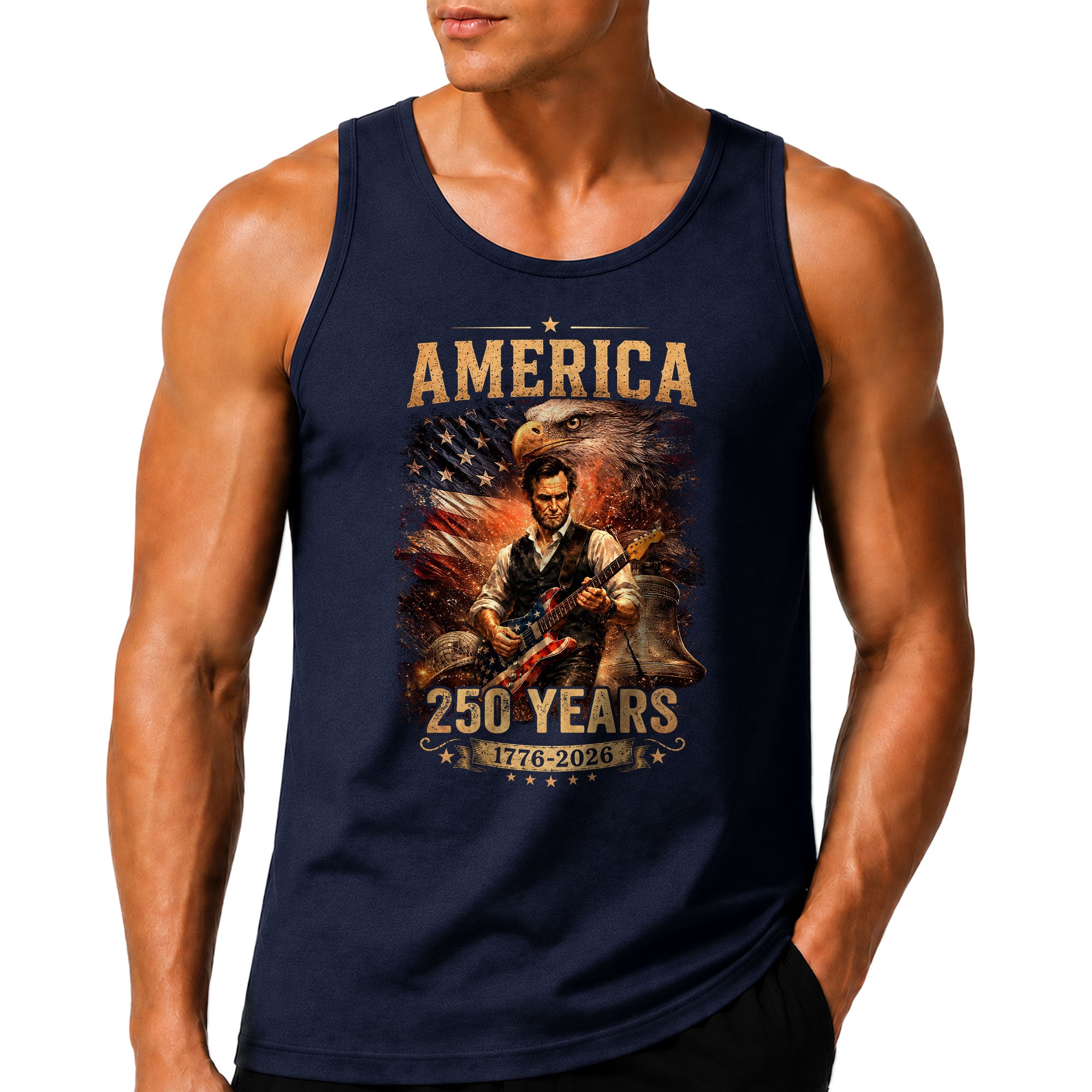 Eagle Abraham Lincoln Guitar Tank Top 1776-2026 Patriotic Vintage Men Graphic Gym Shirt