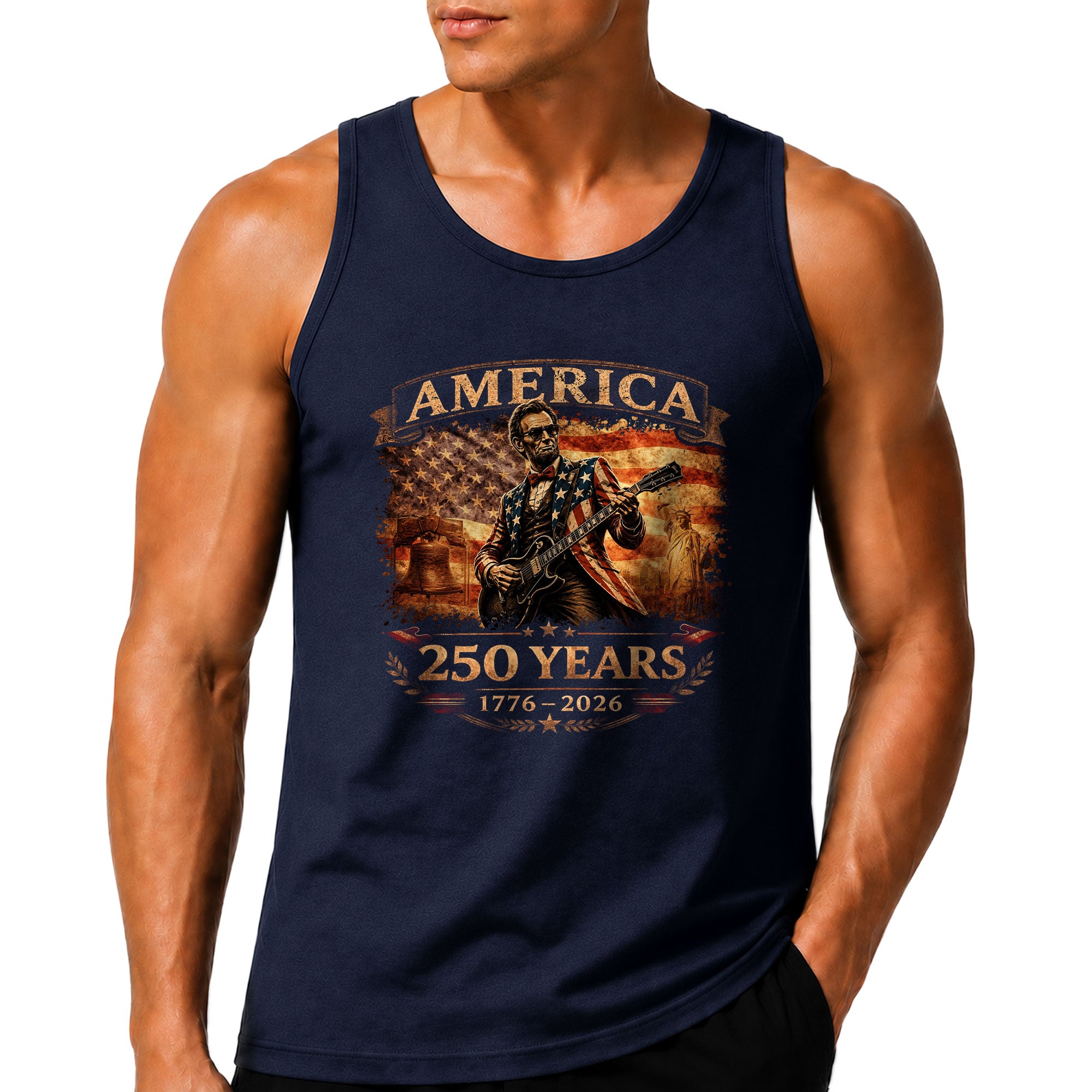 Lincoln Flag Suit Guitar Tank Top 1776-2026 Patriotic Vintage Men Graphic Sleeveless Shirt