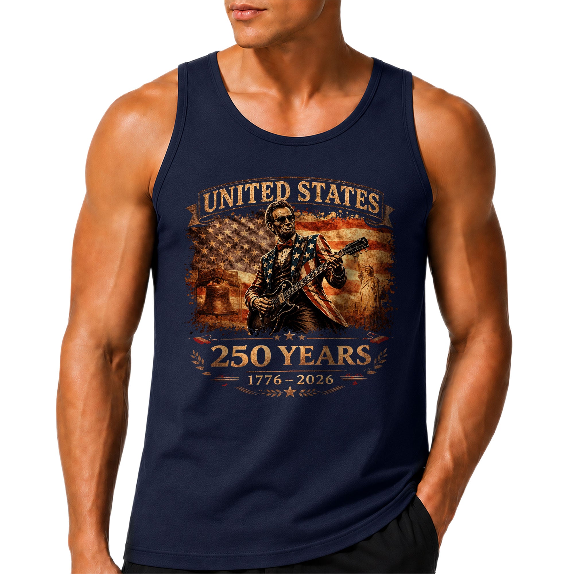 Lincoln Flag Suit Guitar Tank Top 1776-2026 Patriotic Vintage Men Graphic Sleeveless Shirt
