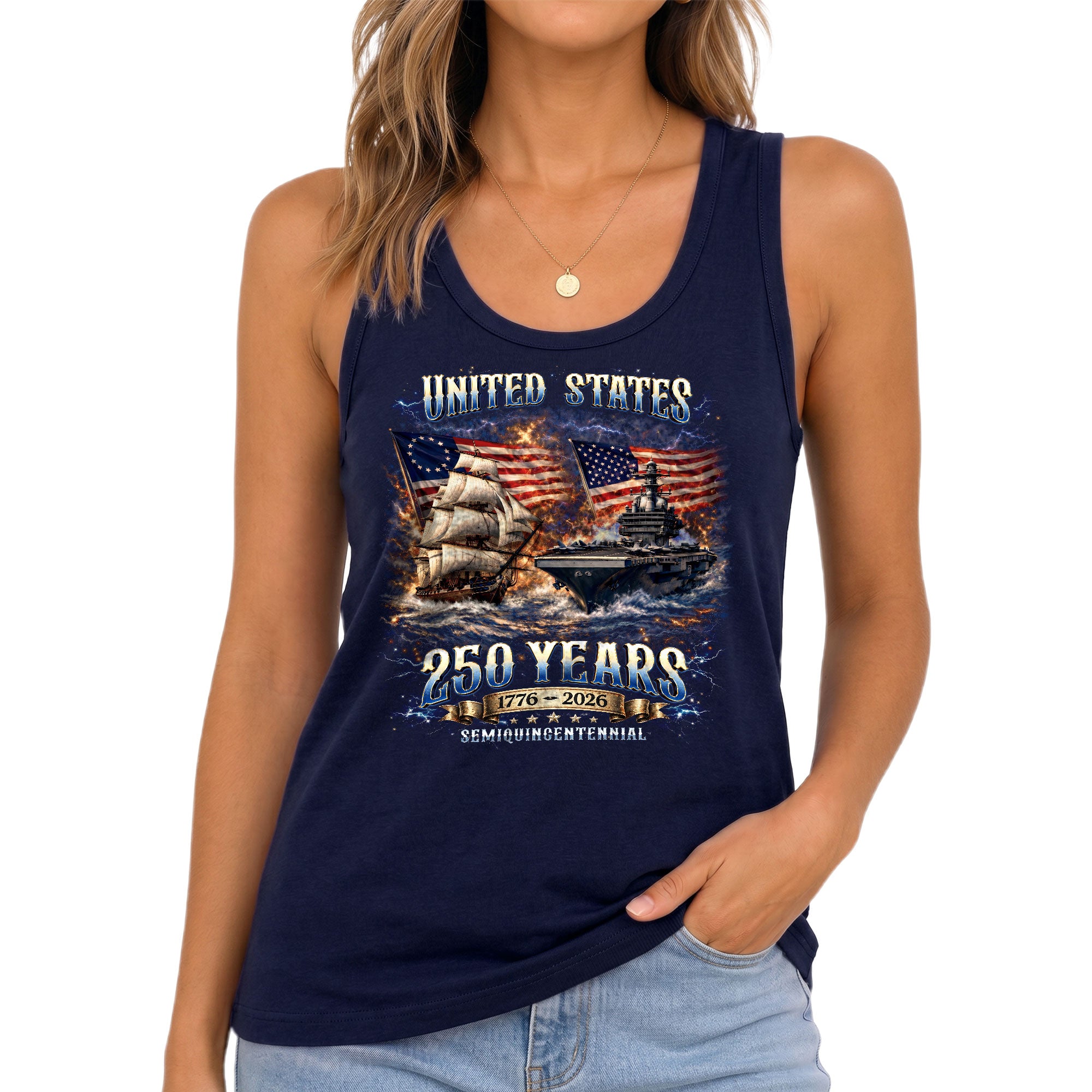 United States 250 Years 1776 2026 Womens Tank Top Vintage Patriotic Navy Sea Graphic Top