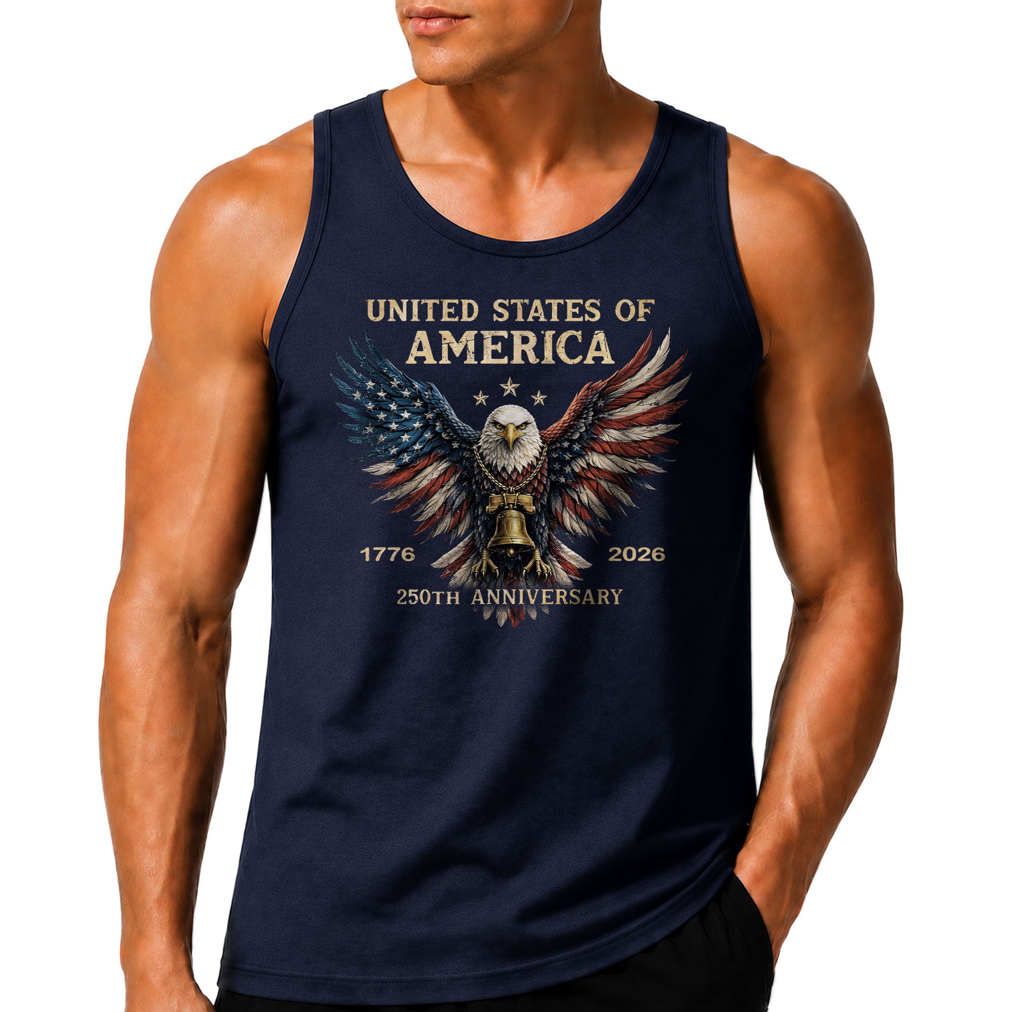 Men Tank Top Patriotic Bald Eagle Liberty Bell 1776-2026 250th Anniversary Flag Wings Vest