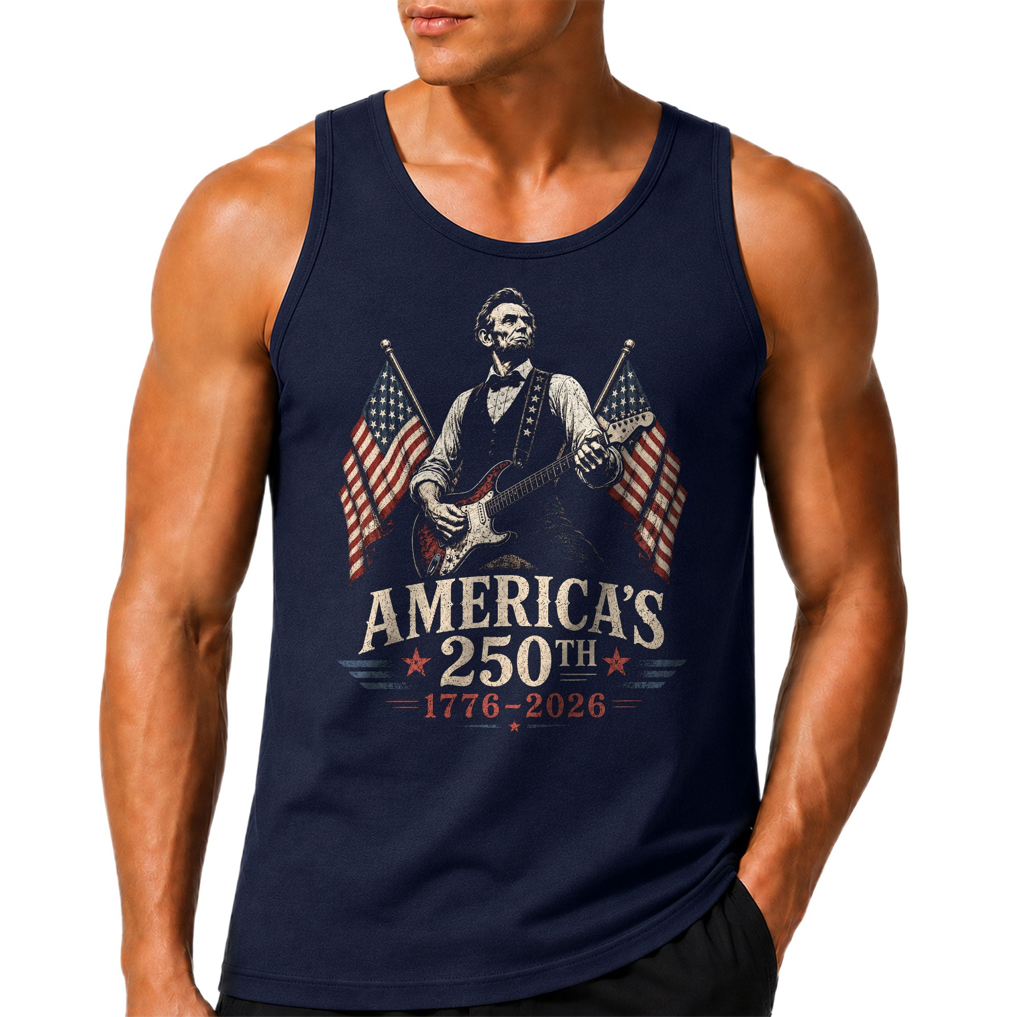 Lincoln Rock Guitar Men Tank Top Vintage 1776-2026 Patriotic Sleeveless Shirt