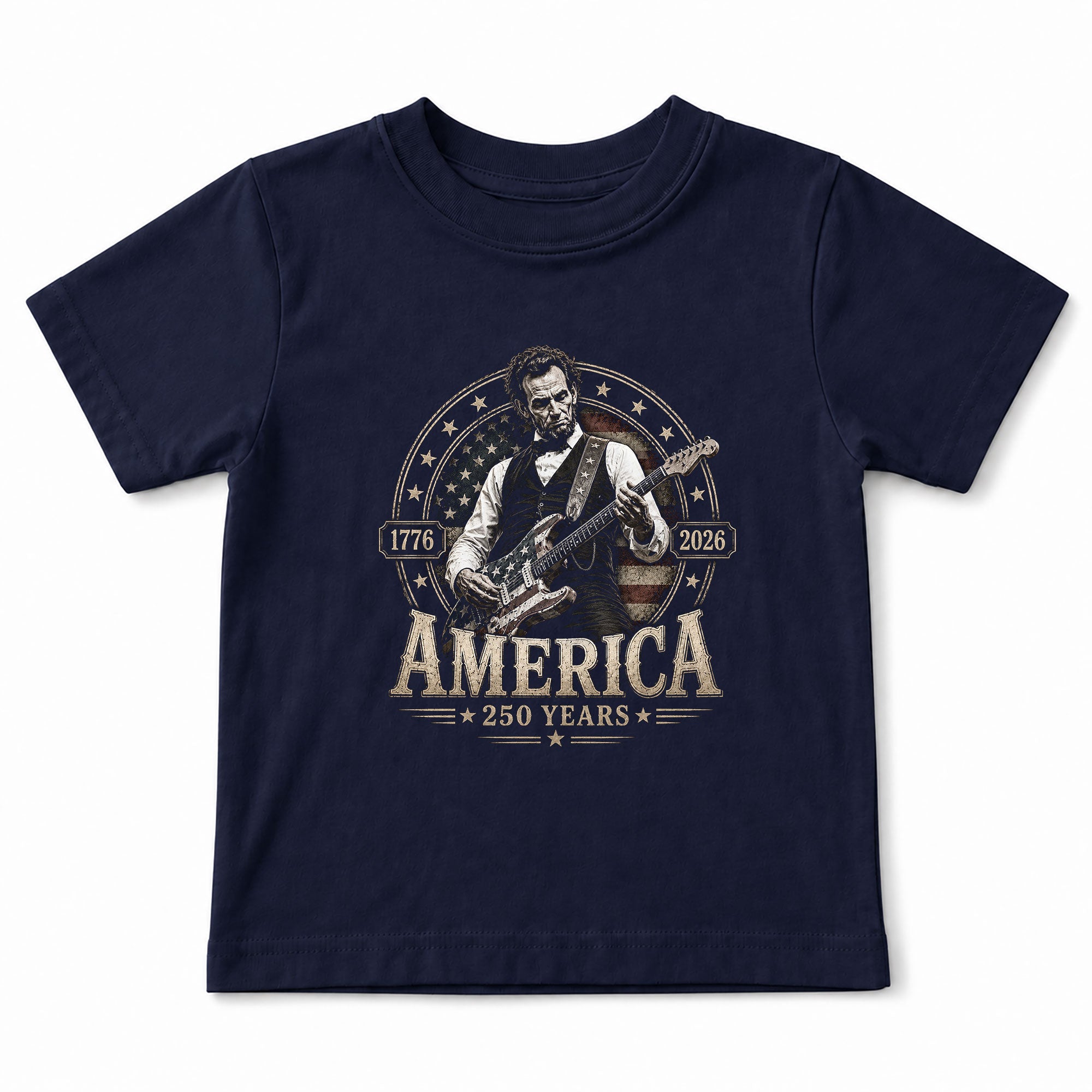 Kids 250 Years Celebration Shirt Retro Round Flag Graphic Abraham Lincoln Rocker Tee