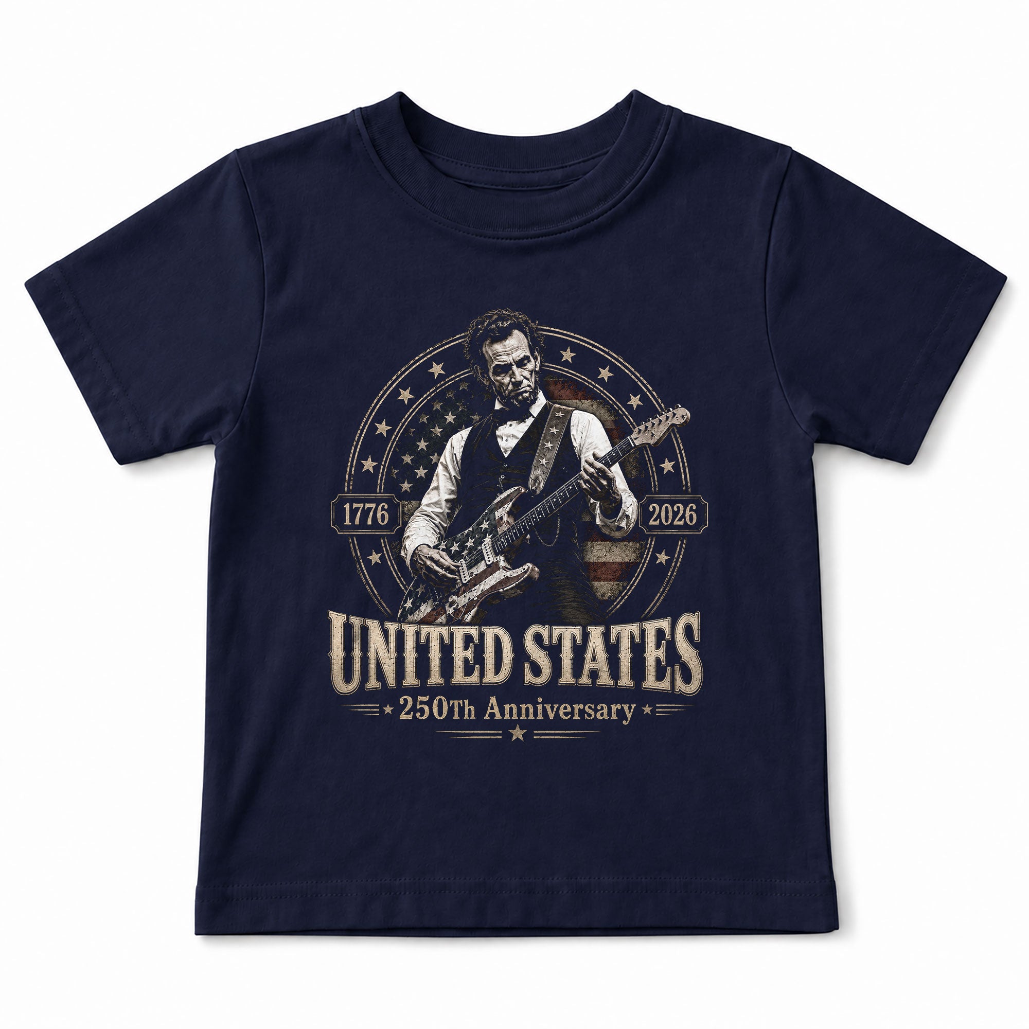 Kids 250 Years Celebration Shirt Retro Round Flag Graphic Abraham Lincoln Rocker Tee