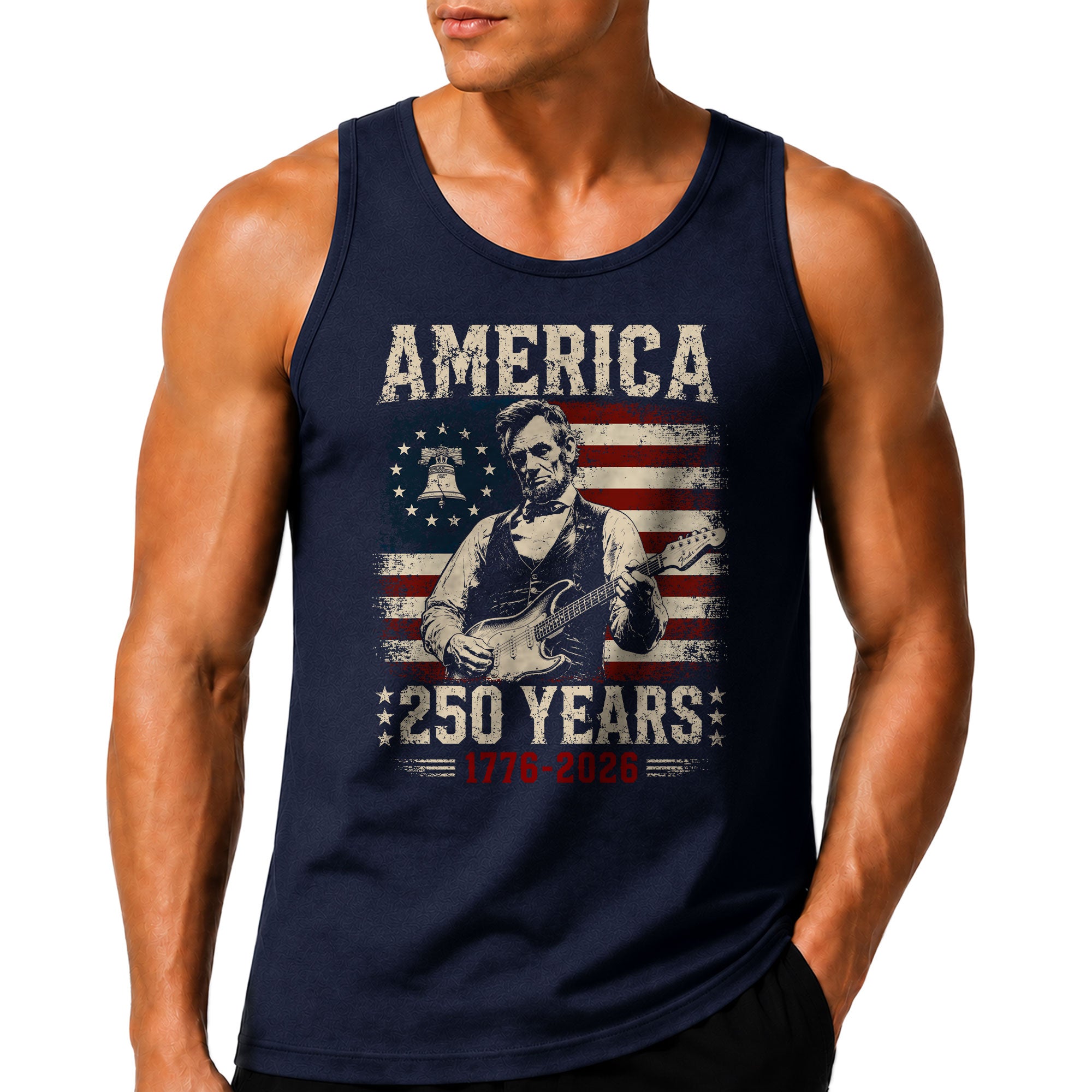 Lincoln Liberty Bell Guitar Tank Top 1776-2026 Patriotic Vintage Men Graphic Shirt