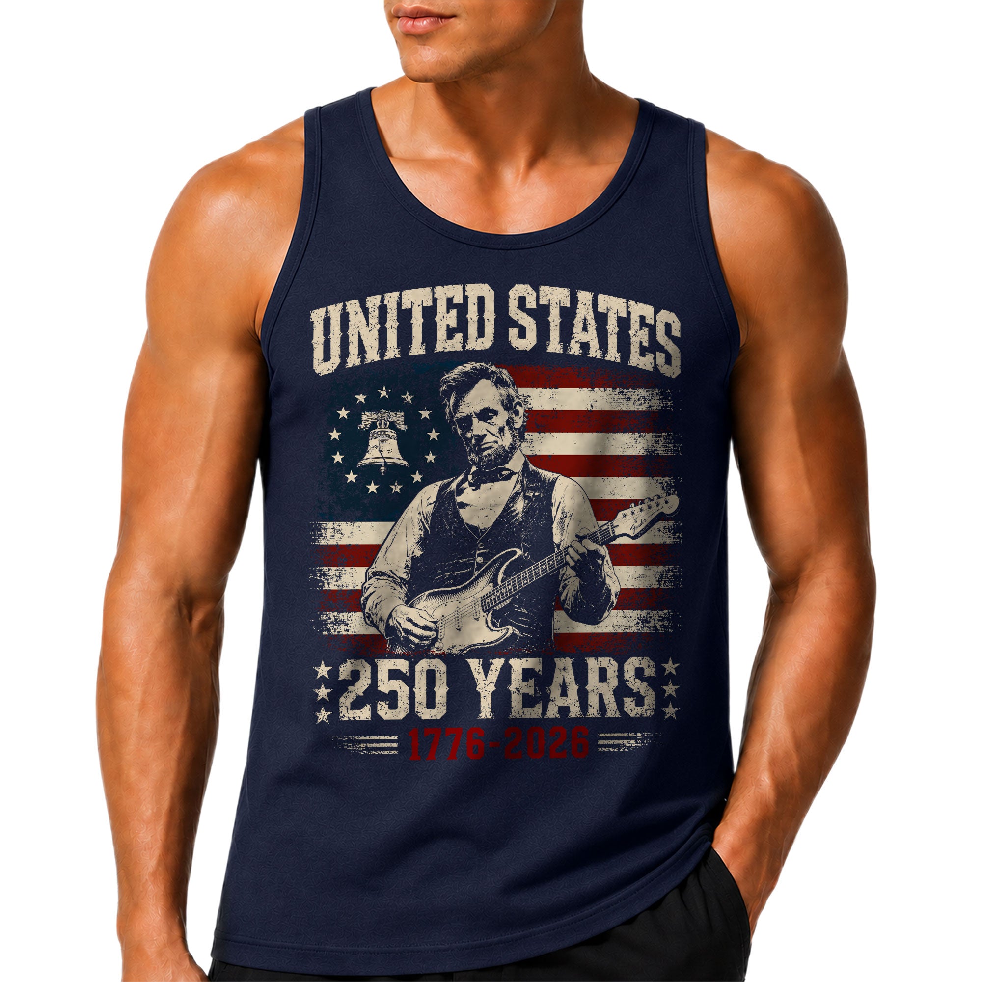 Lincoln Liberty Bell Guitar Tank Top 1776-2026 Patriotic Vintage Men Graphic Shirt