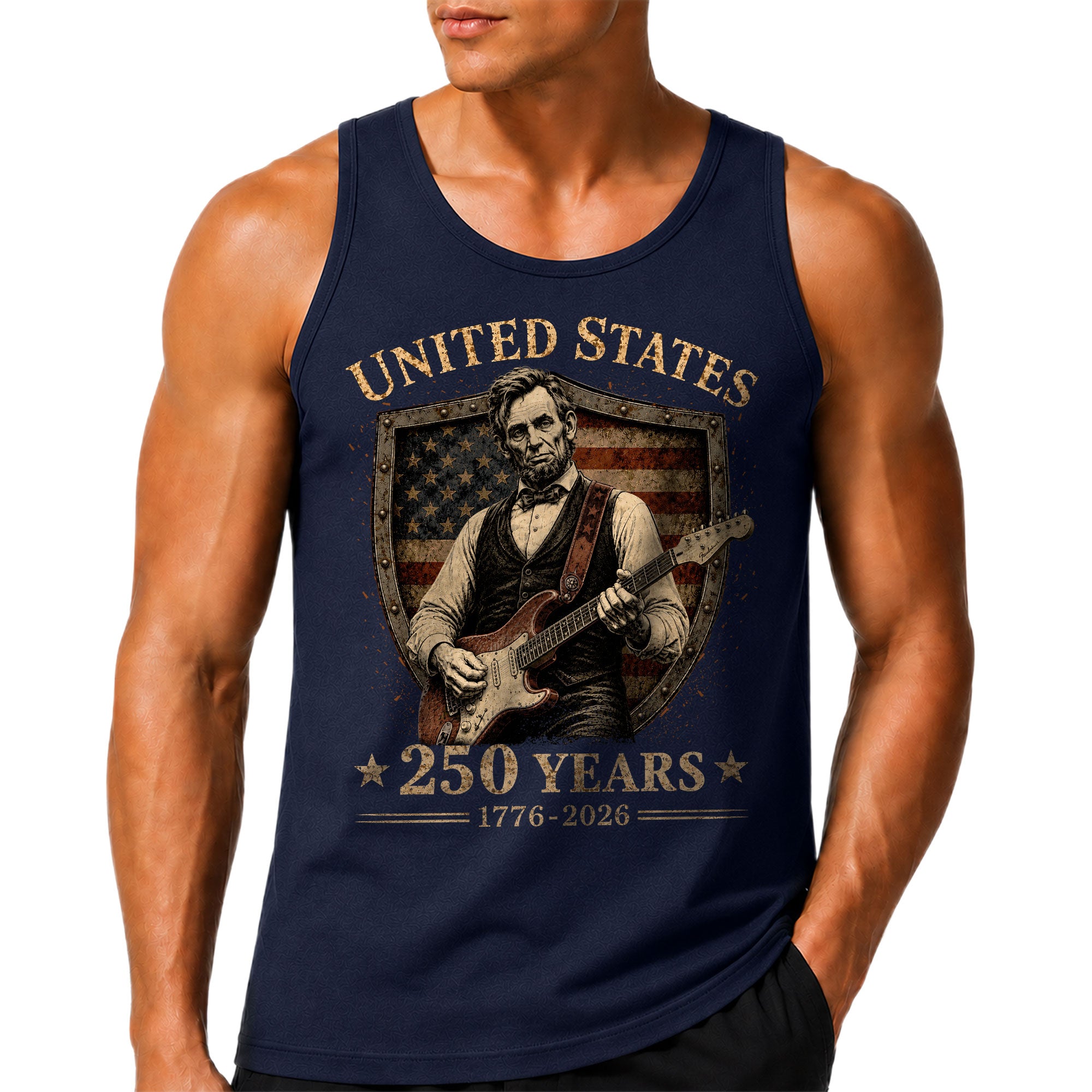 Lincoln Shield Guitar Tank Top 1776-2026 Patriotic Vintage Men Graphic Sleeveless Shirt