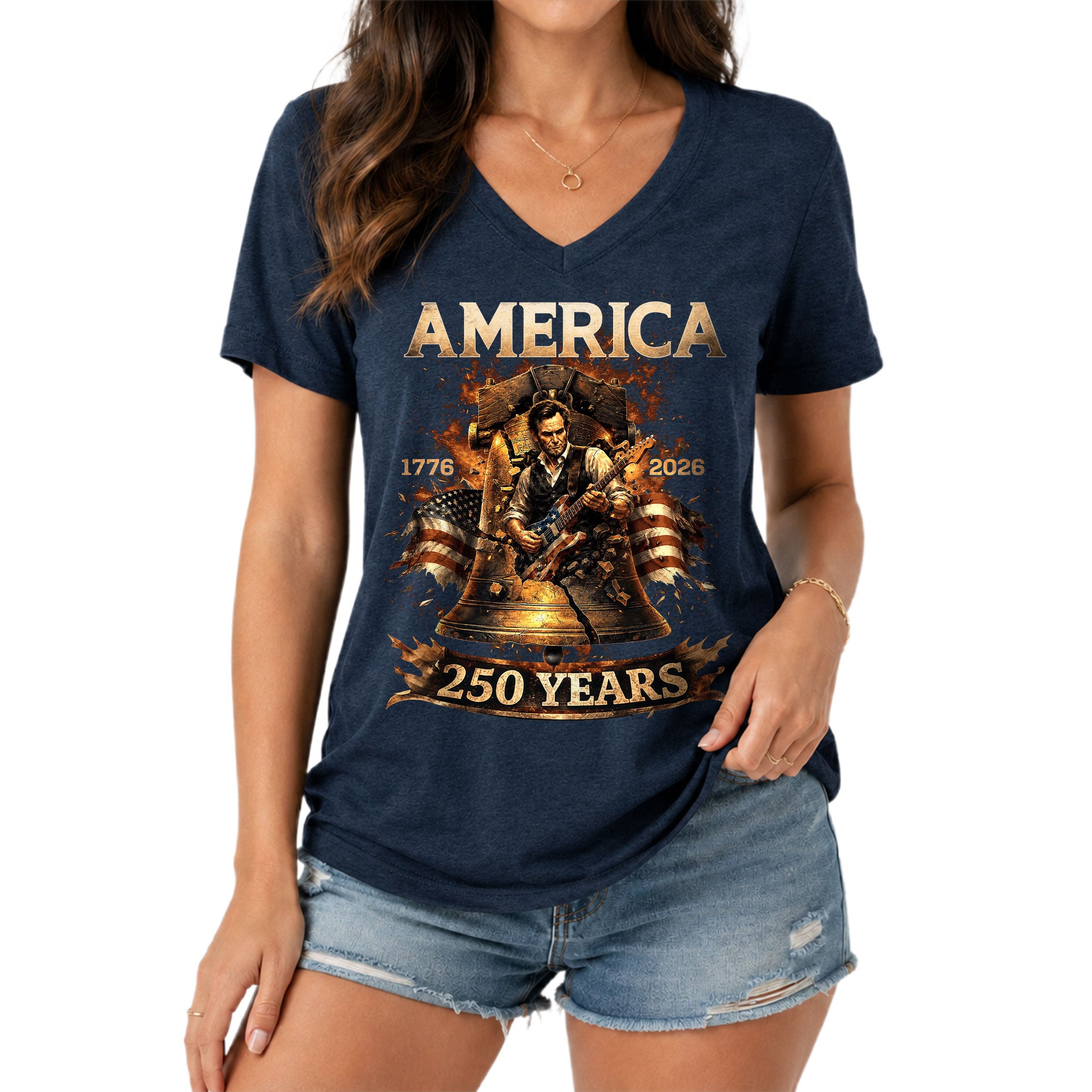 Liberty Bell Guitar V Neck Women T-Shirt Patriotic 1776-2026 America 250 Years Black Tee