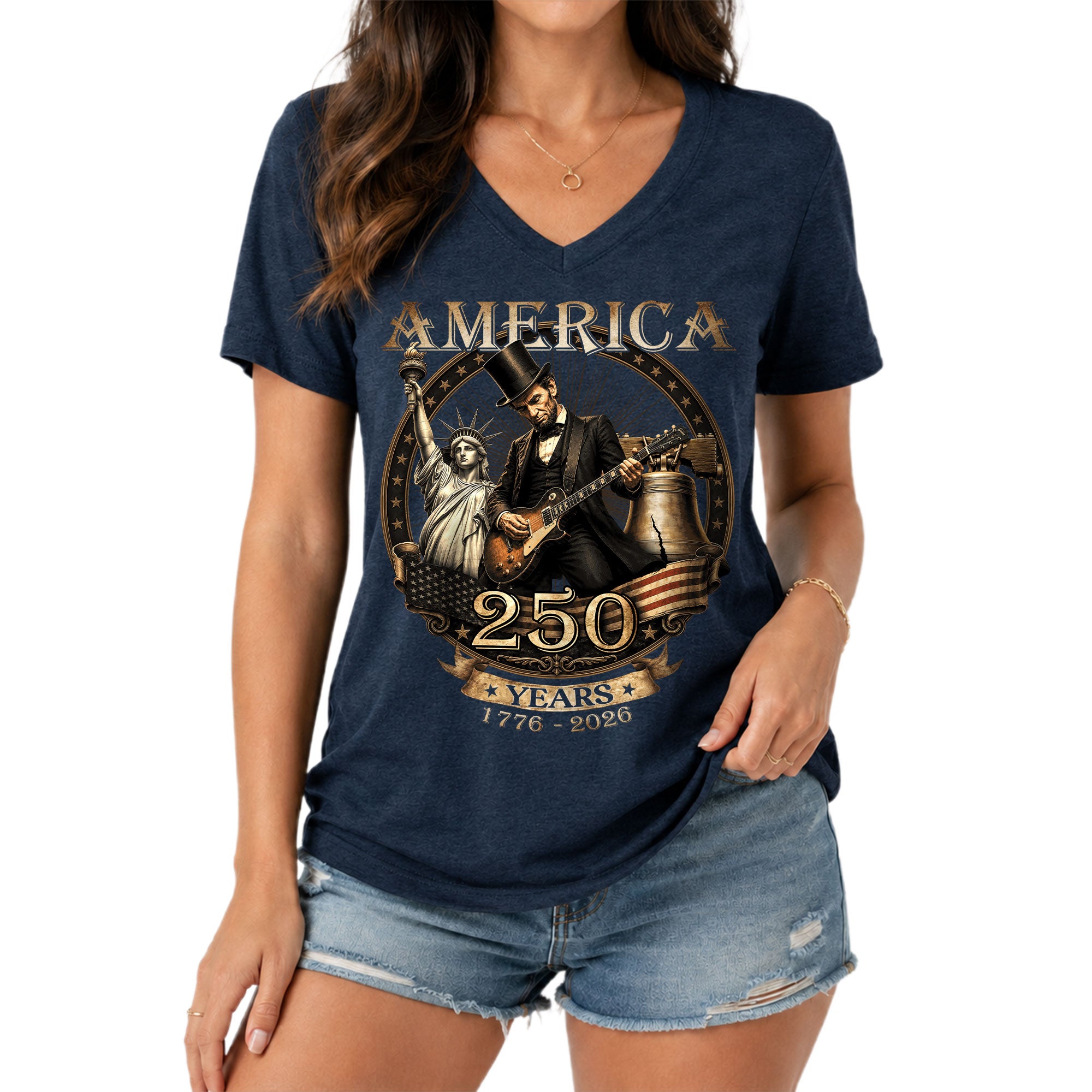 Lincoln Guitar V-Neck Shirt Soft Graphic Tee Patriotic 1776-2026 America 250 Years