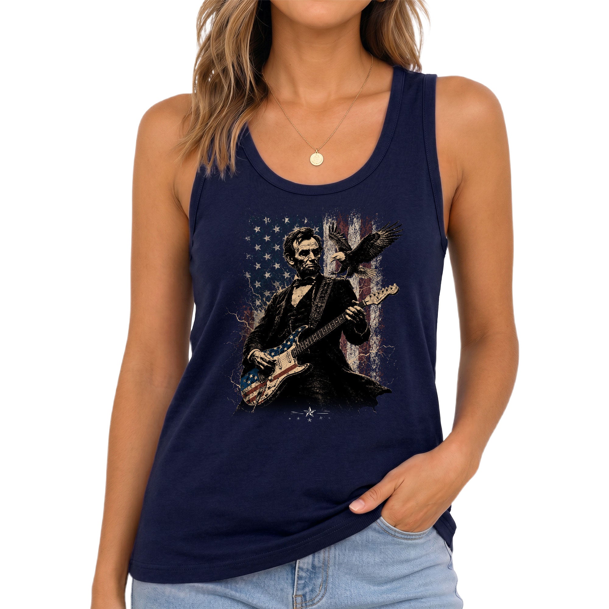 Women Tank Top Patriotic Abraham Lincoln Graphic Guitar Historical Sleeveless Shirt
