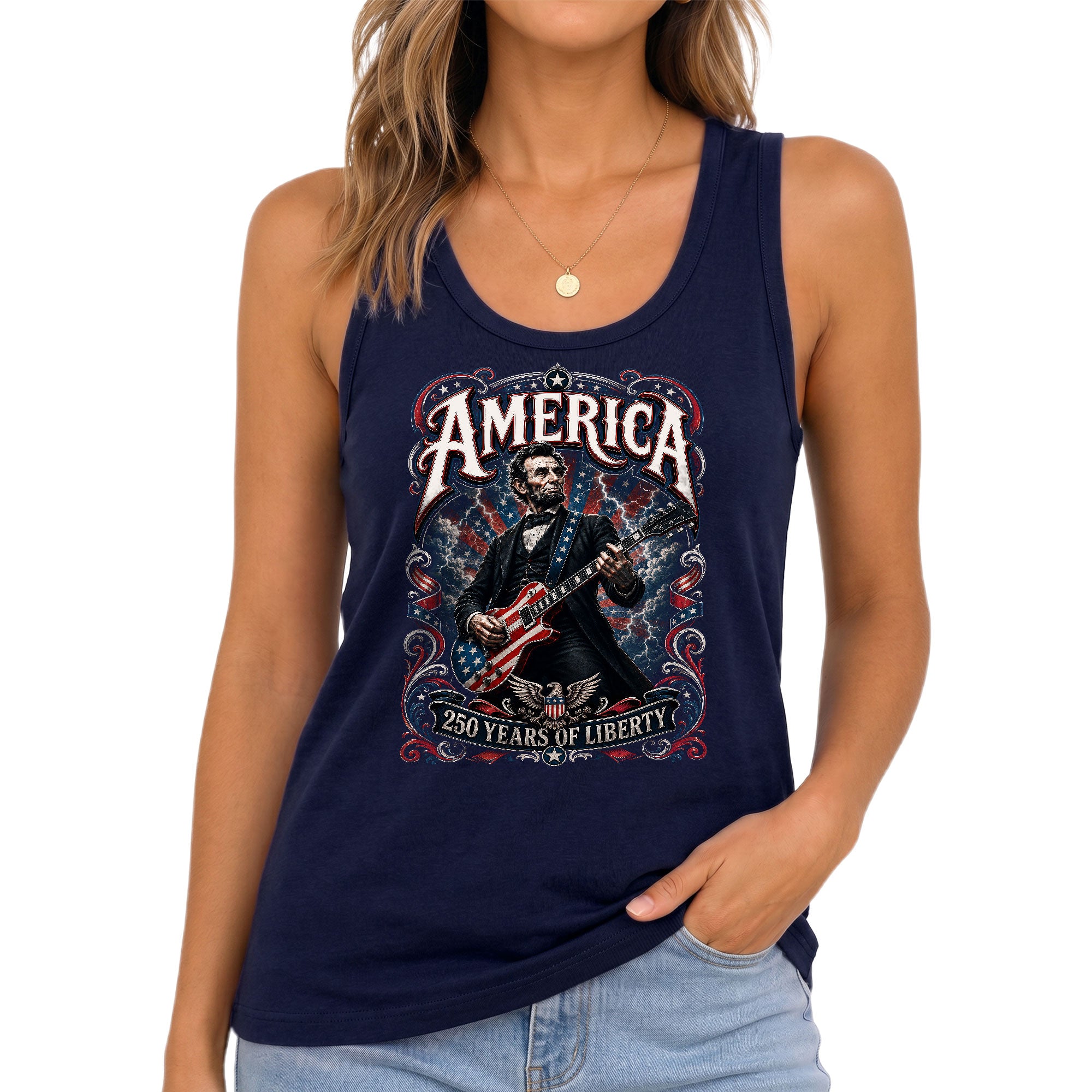 Lincoln Women Tank Top 250 Years of Liberty Patriotic USA Rock Guitarist History Shirt