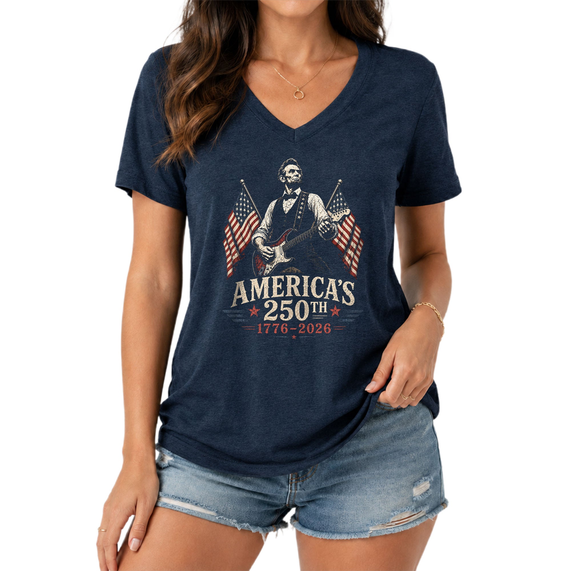 Women's V-Neck Patriotic Tee Abraham Lincoln Guitarist 1776-2026 Anniversary Shirt