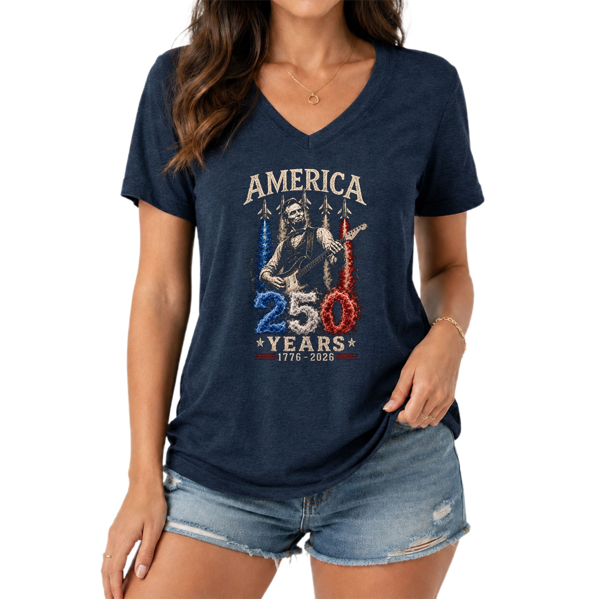 Patriotic V-Neck T-Shirt Women Lincoln Playing Guitar 1776-2026 Jet Graphic Top