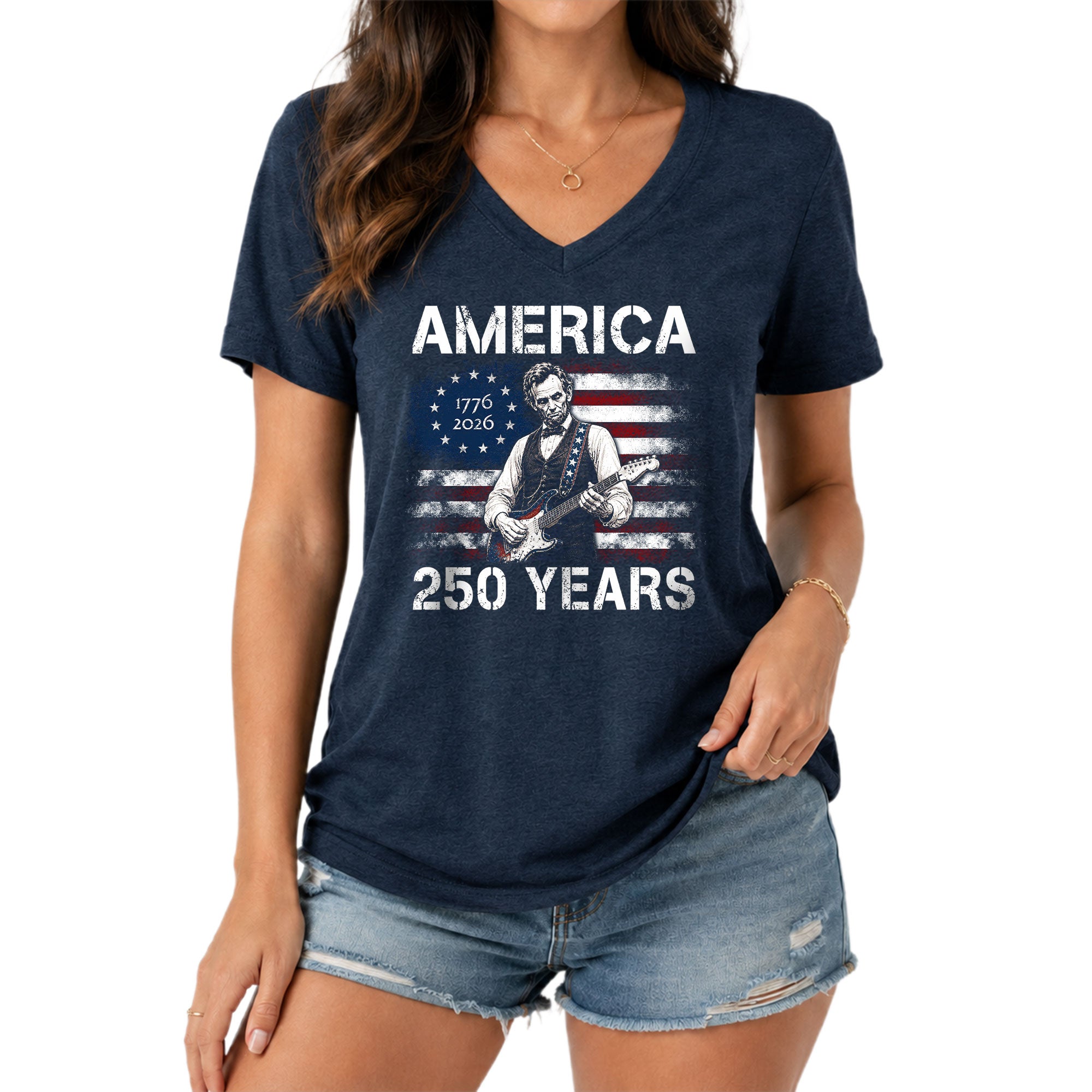 Rock Lincoln V Neck T-Shirt Patriotic 1776-2026 America 250 Years Women Graphic
