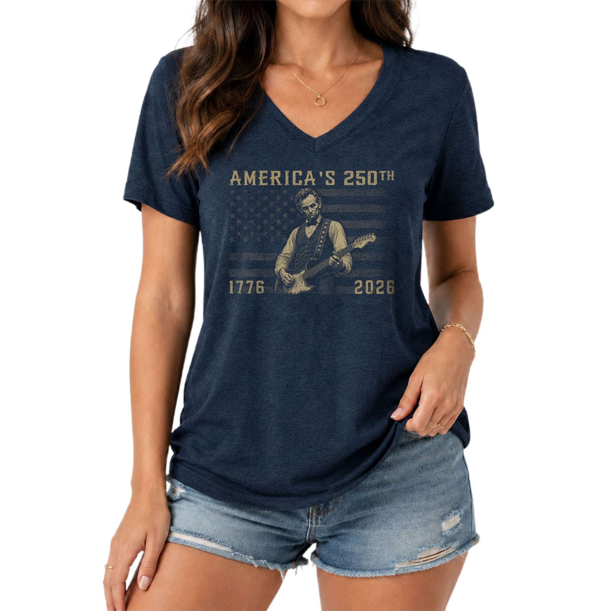 Lincoln Guitar V Neck T-Shirt Patriotic 1776-2026 America 250th Tee Graphic
