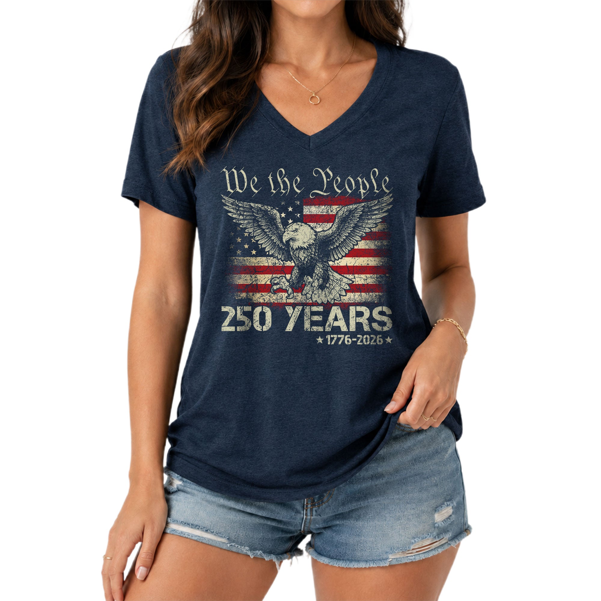 Patriotic We The People Eagle V-Neck T-Shirt Women 1776-2026 Historical Graphic Top