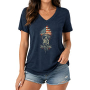 Women's V-Neck T-Shirt We The People 1776-2026 Patriotic Torch Graphic Casual Tee