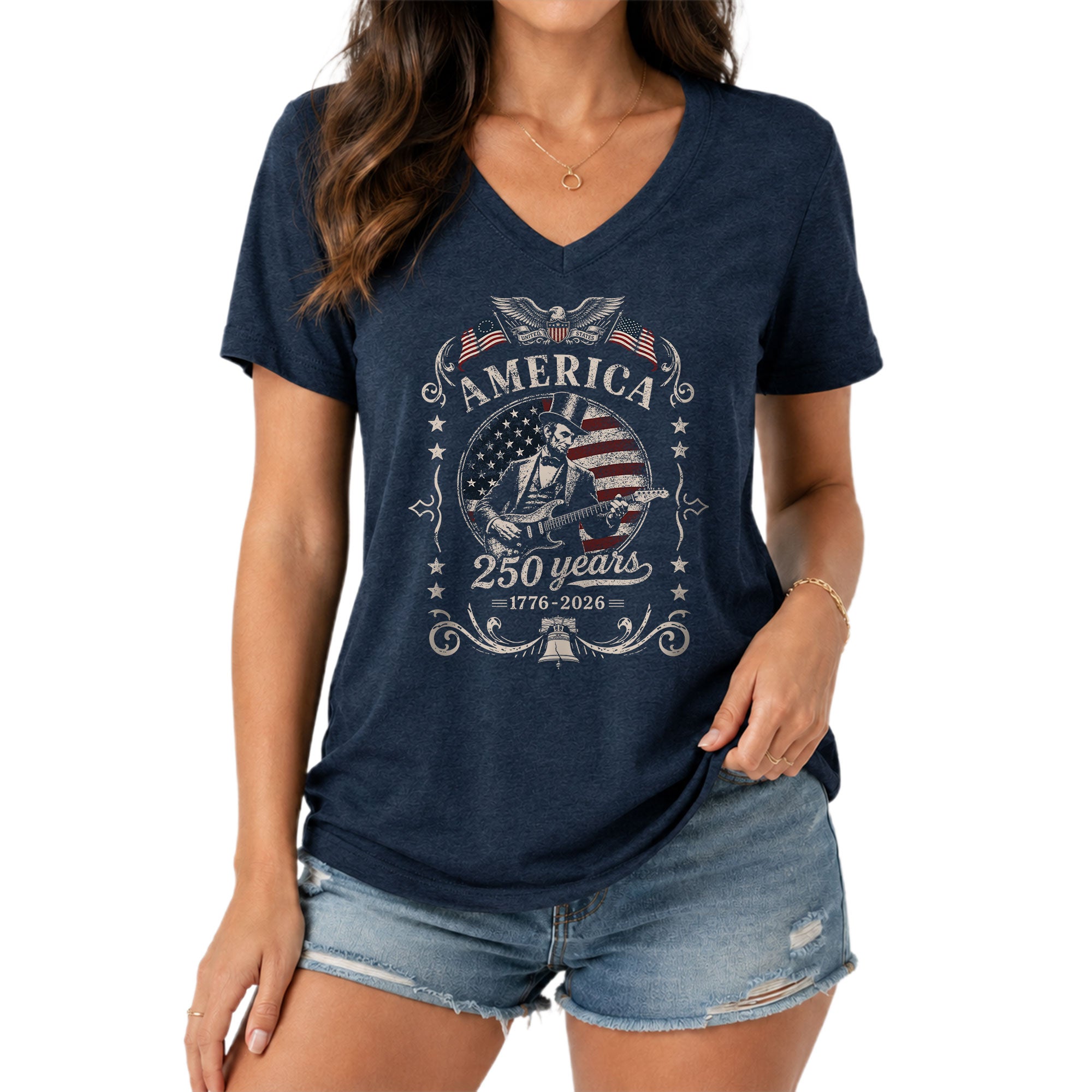 Lincoln Guitar V Neck T-Shirt Patriotic 1776-2026 America 250 Years Graphic Tee