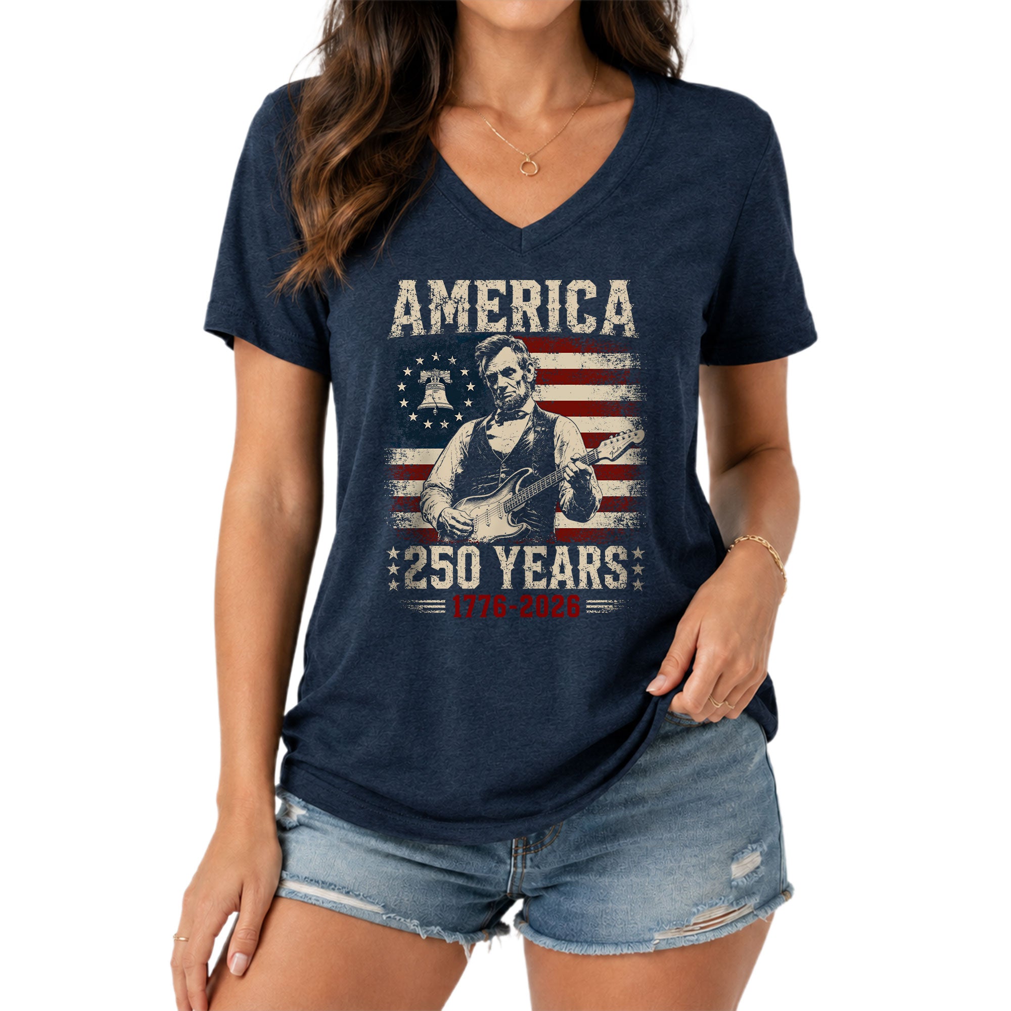 Liberty Bell Lincoln V-Neck Shirt Vintage 1776-2026 America 250 Years Women Tee