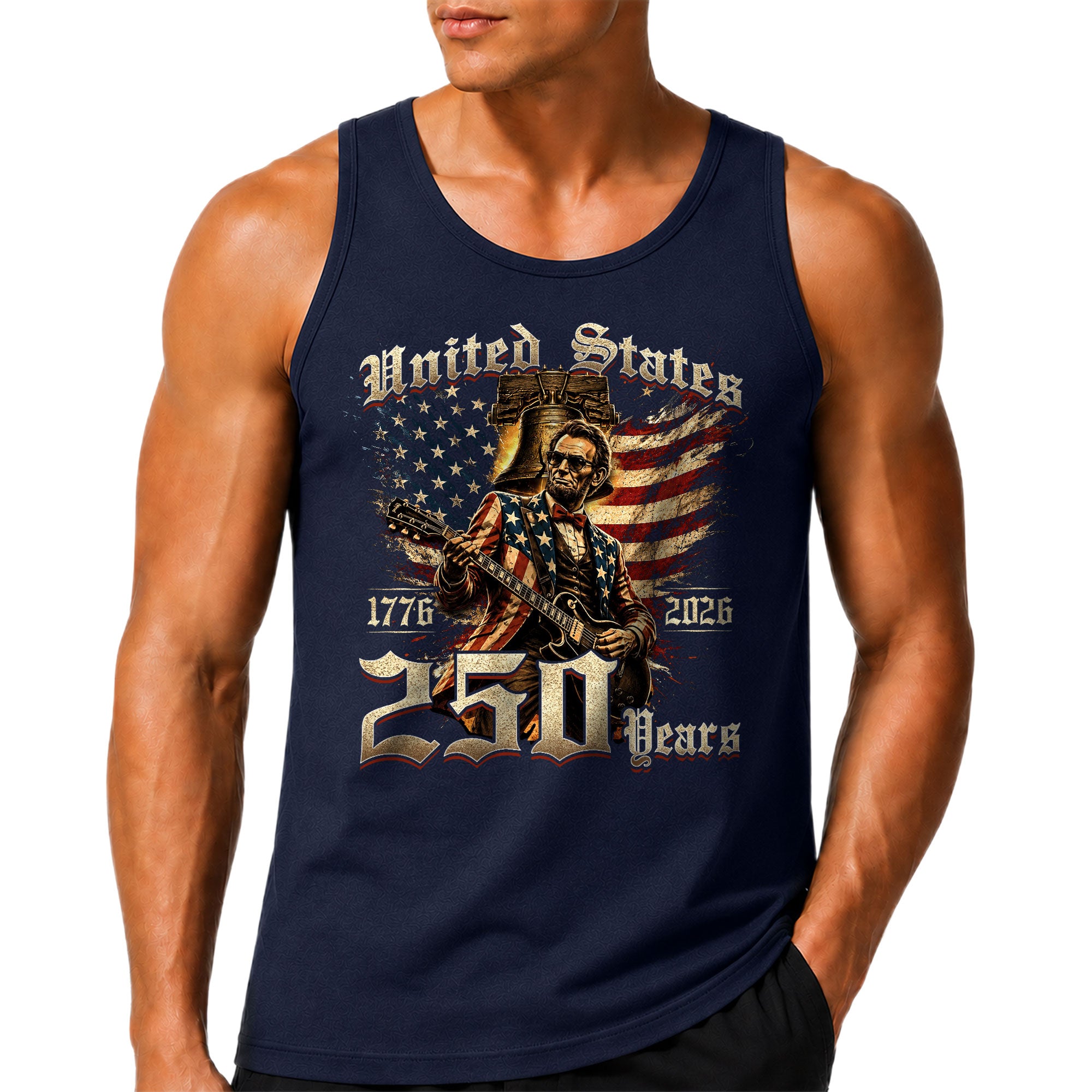 Patriotic Men's Tank Top Lincoln Guitar Graphic Print 1776-2026 Historical Style Shirt
