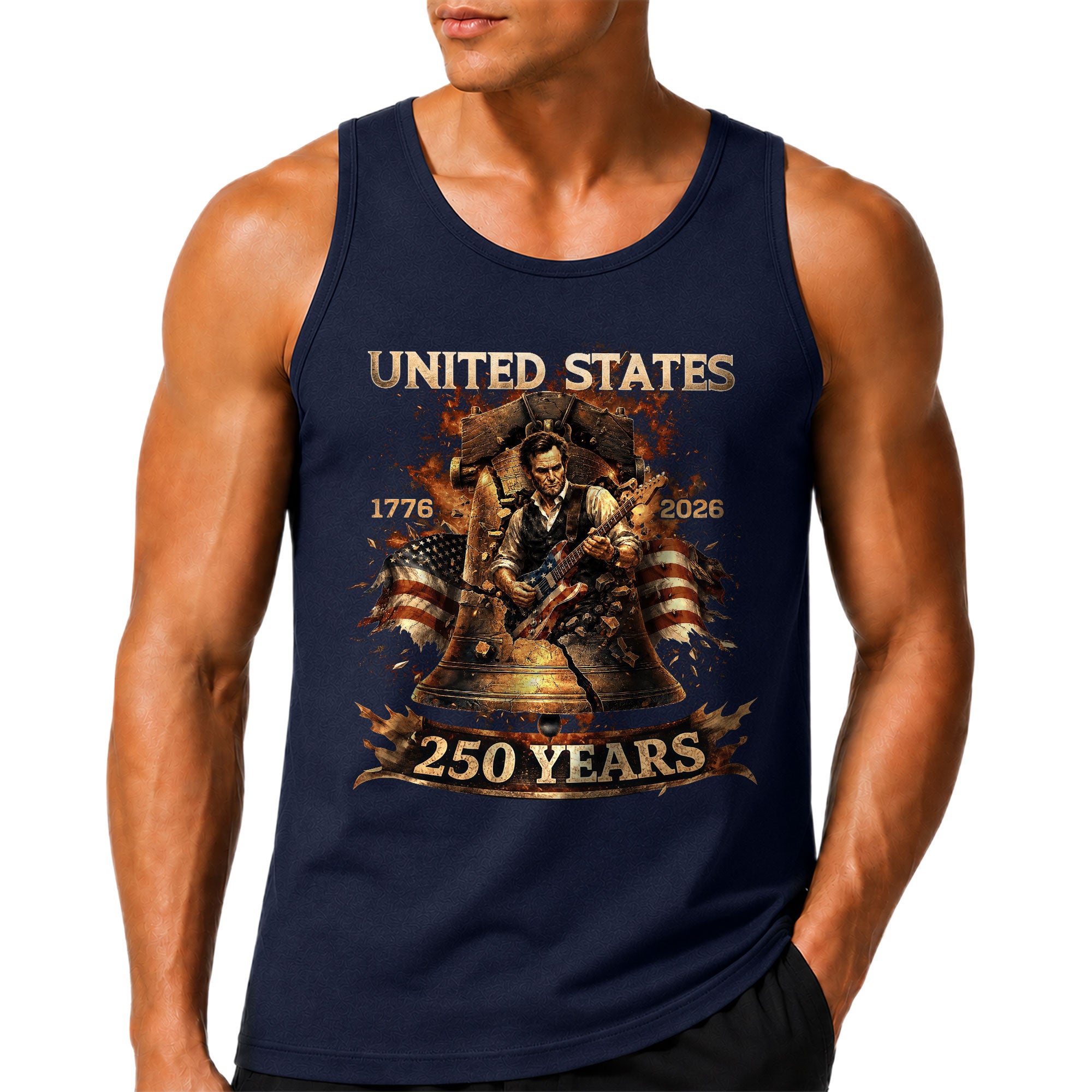 Men's Tank Top Patriotic Guitarist Bell Graphic 1776-2026 Historical Style Sleeveless Tee