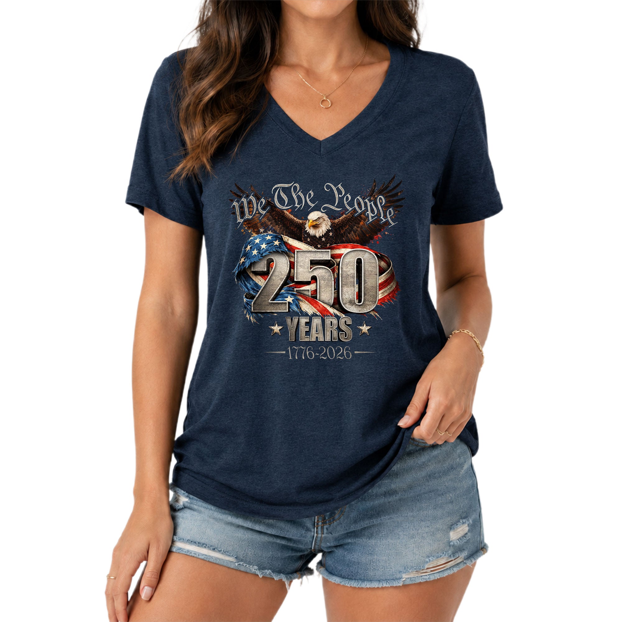 We The People V Neck T-Shirt Patriotic Eagle 1776-2026 America 250 Years Navy Tee