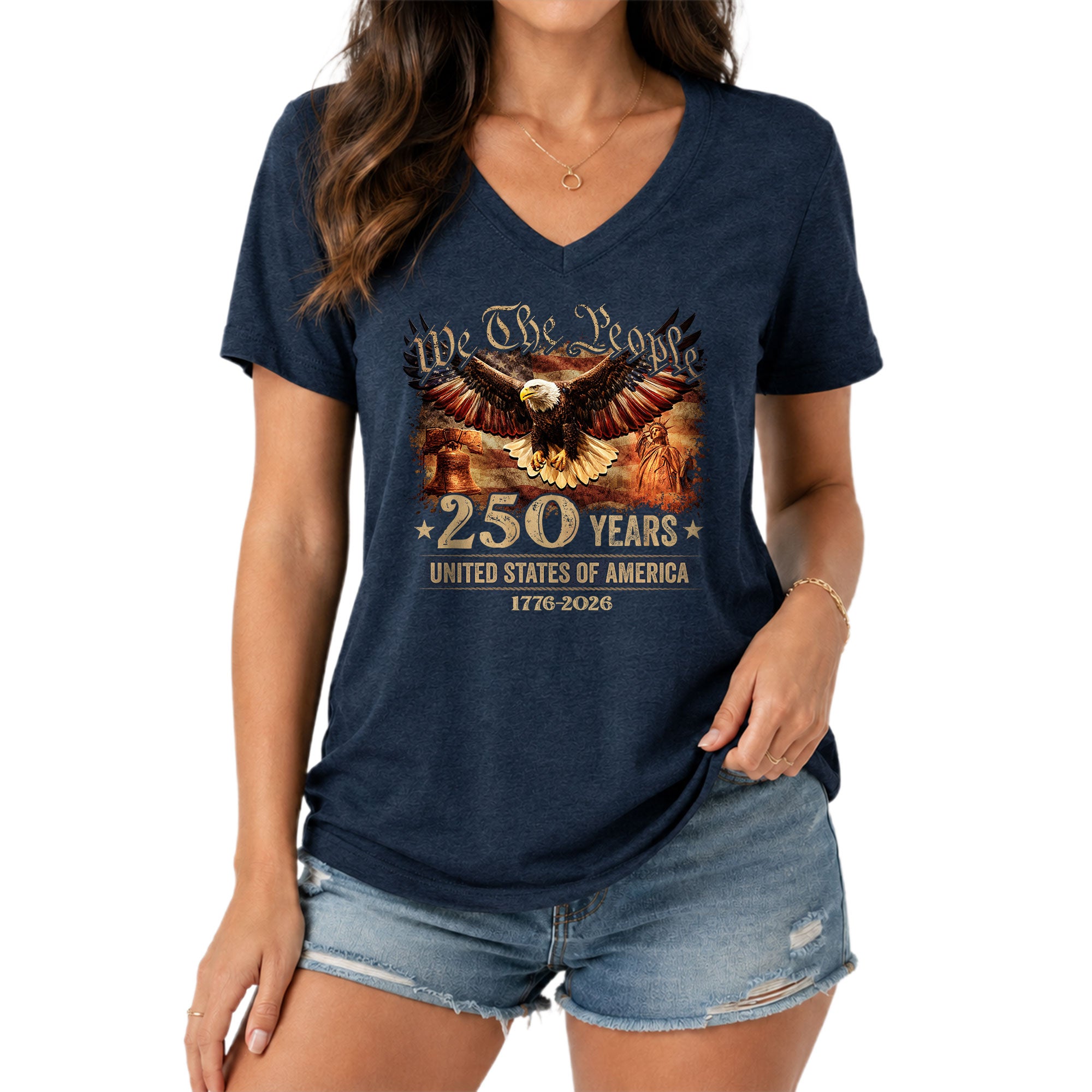 Patriotic Eagle Liberty Bell V-Neck Shirt Vintage 1776-2026 America 250 Years Tee