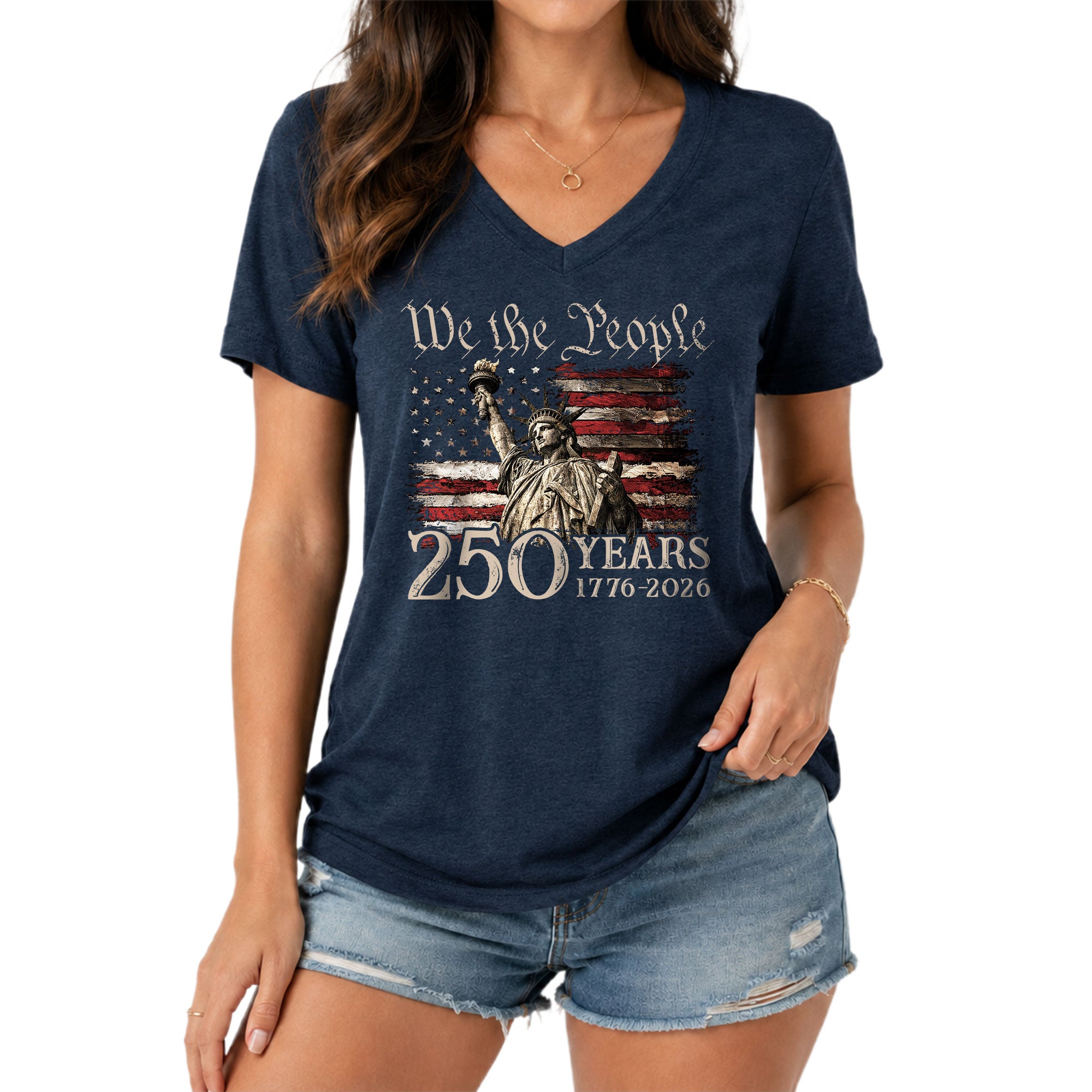 250 Years We The People V-Neck T-Shirt Patriotic Statue of Liberty USA 1776-2026