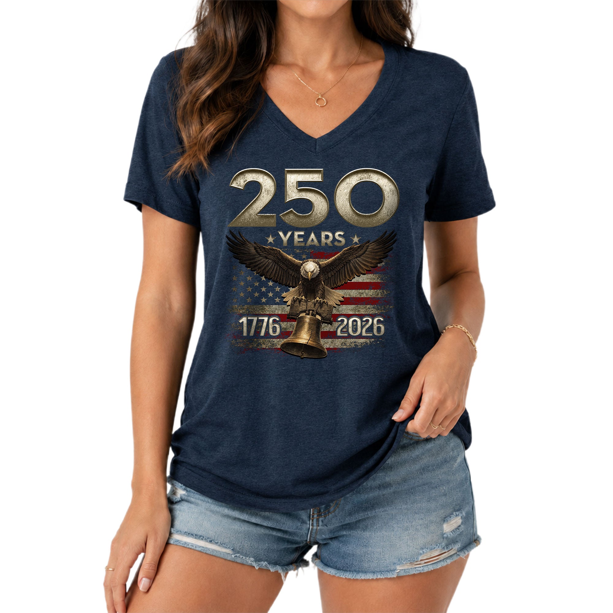 250 Years Eagle V-Neck T-Shirt Patriotic USA Flag 1776-2026 American Freedom Tee