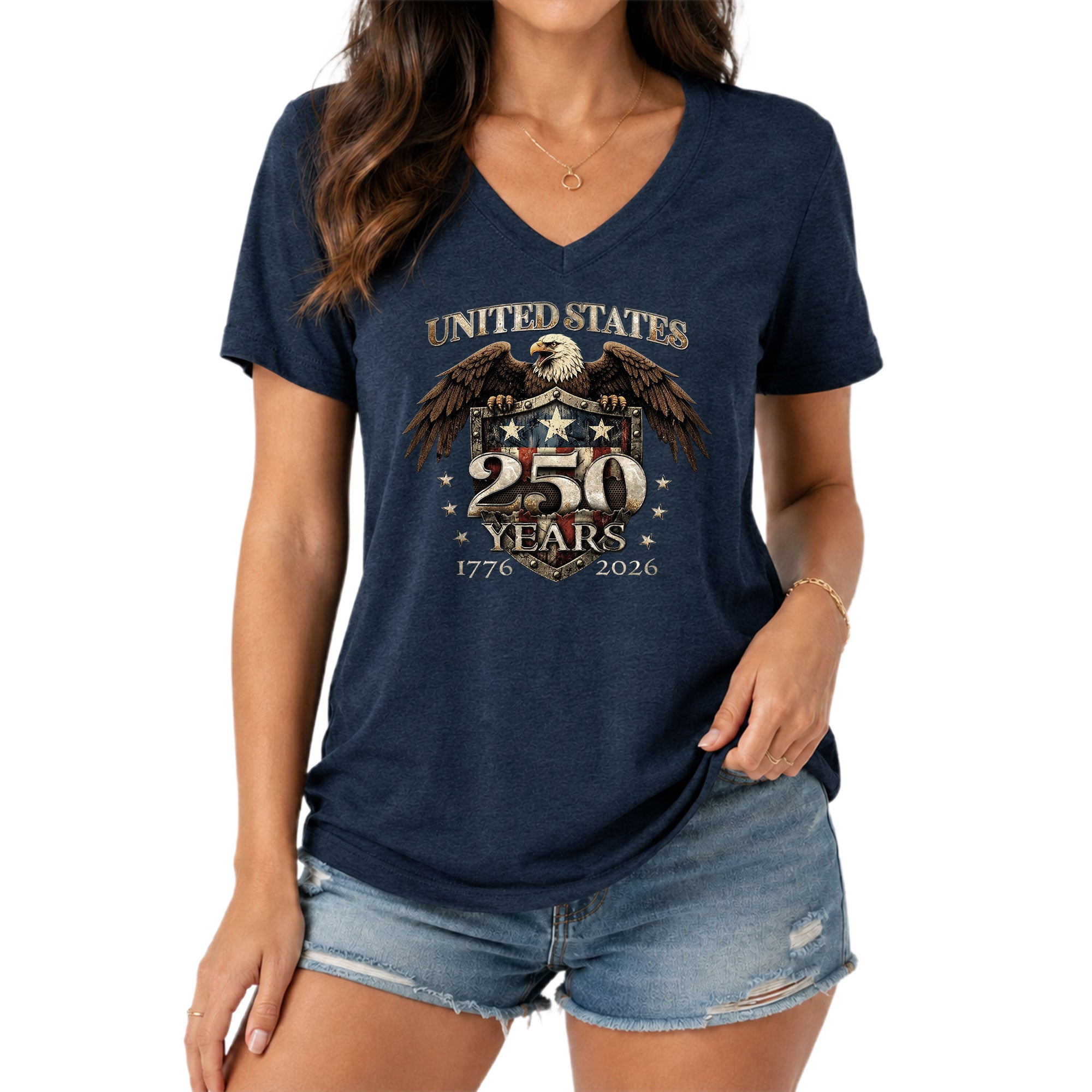 United States 250 Years Eagle V-Neck T-Shirt Patriotic USA Flag 1776-2026 Tee
