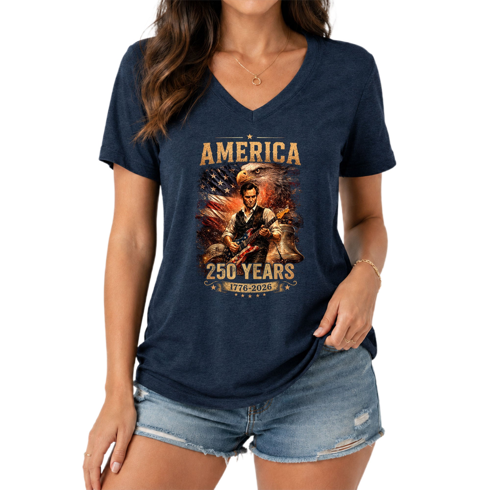 America 250 Years V-Neck T-Shirt Eagle Lincoln Guitar Patriotic USA 1776-2026