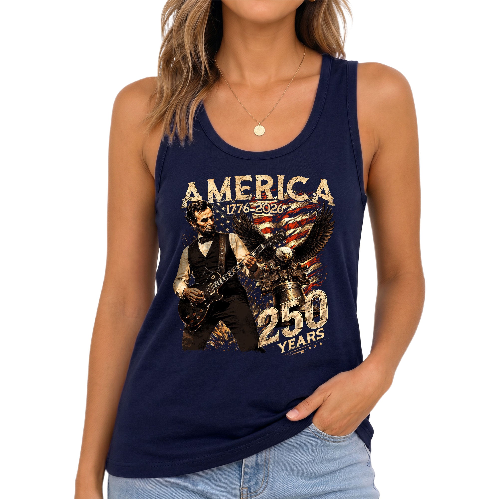 Abraham Lincoln Women Tank Top Bald Eagle Liberty Bell Guitar 1776 2026 250 Years Shirt