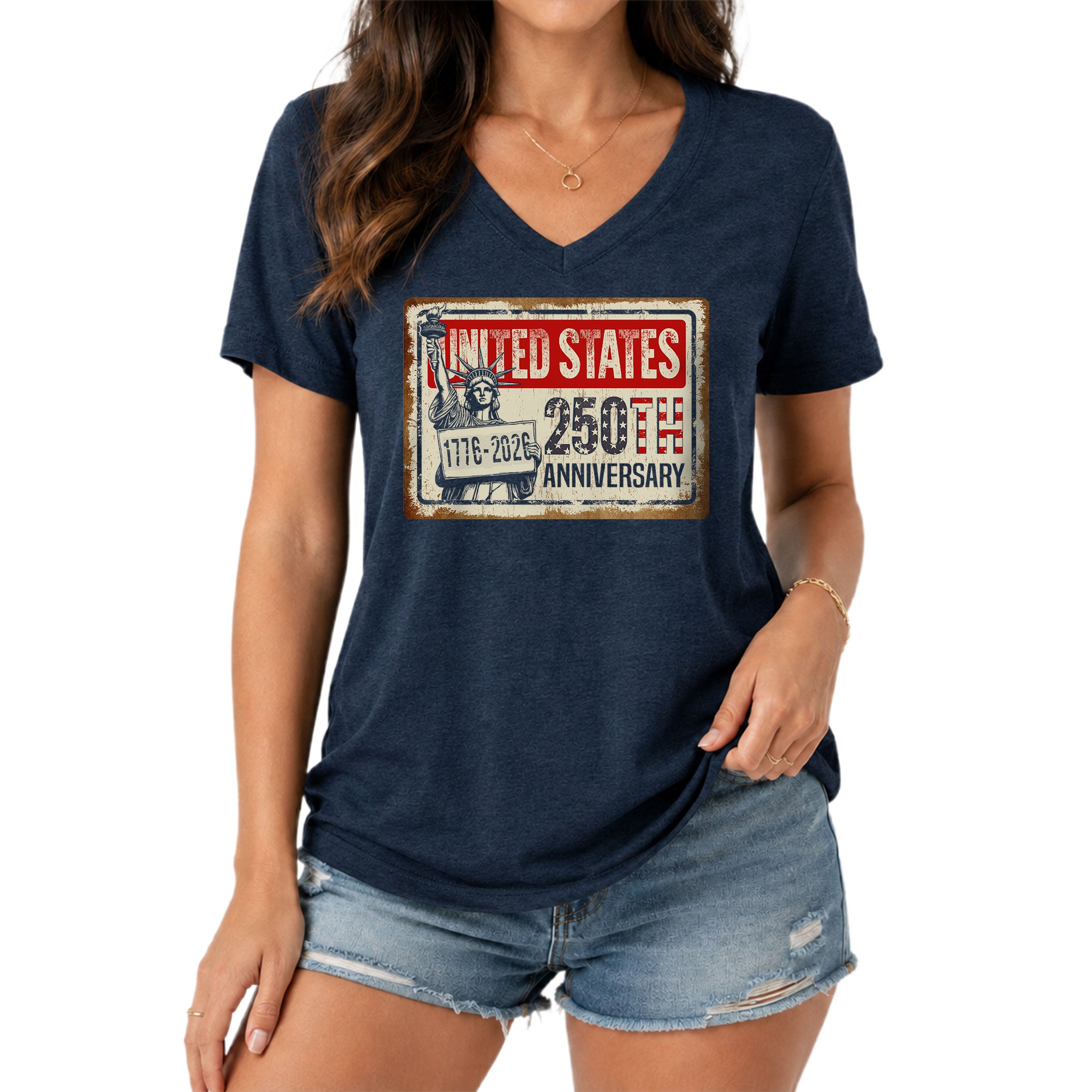 United States 250th Anniversary Women V-Neck T-Shirt 1776-2026 Patriotic Liberty Tee