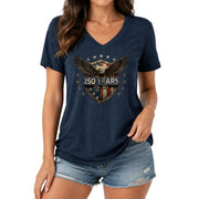 250 Years Women's V-Neck T-Shirt Eagle Shield Patriotic Freedom 1776-2026 Tee