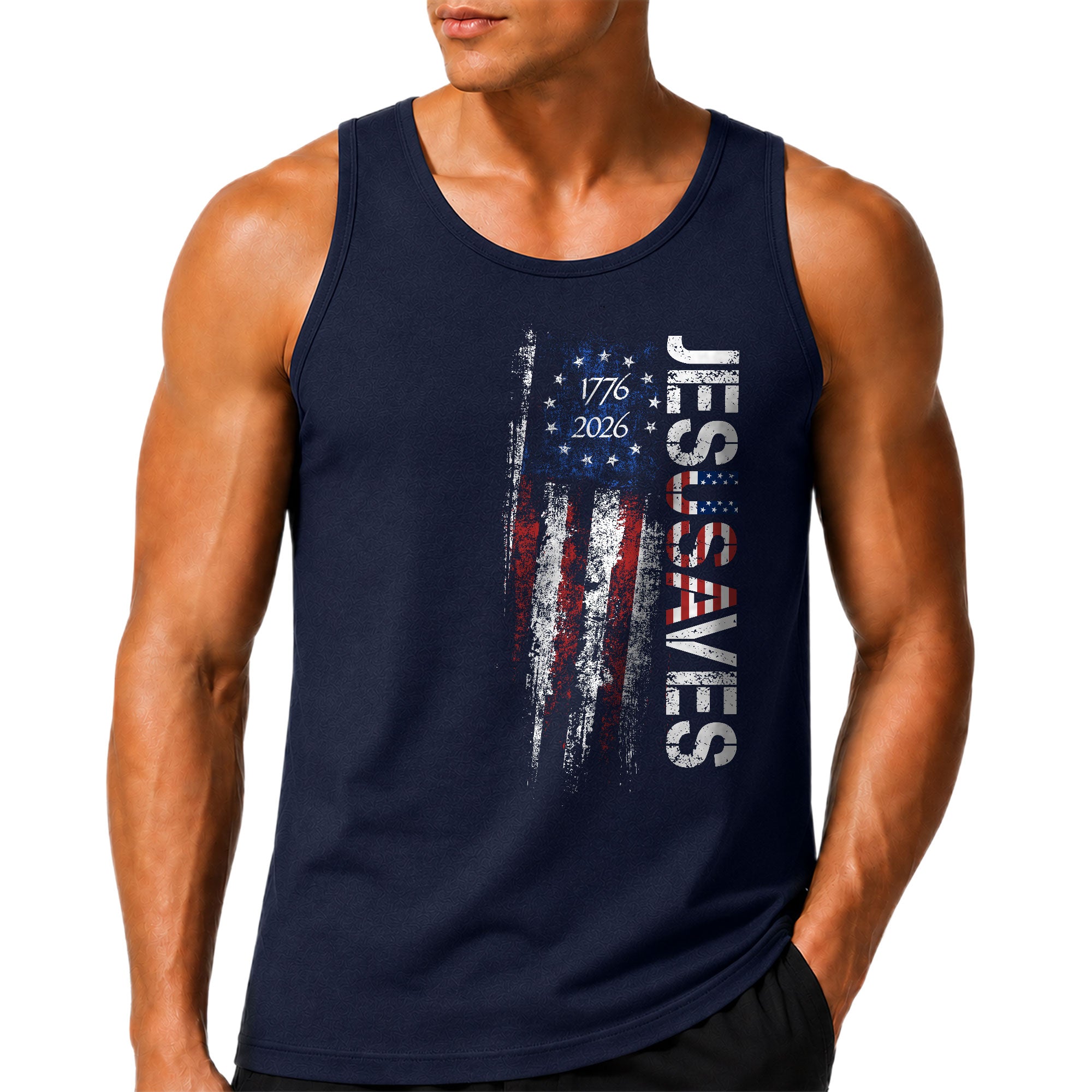 Men's Vertical JESUSAVES 1776-2026 Tank - Patriotic Graphic Sleeveless Summer Top