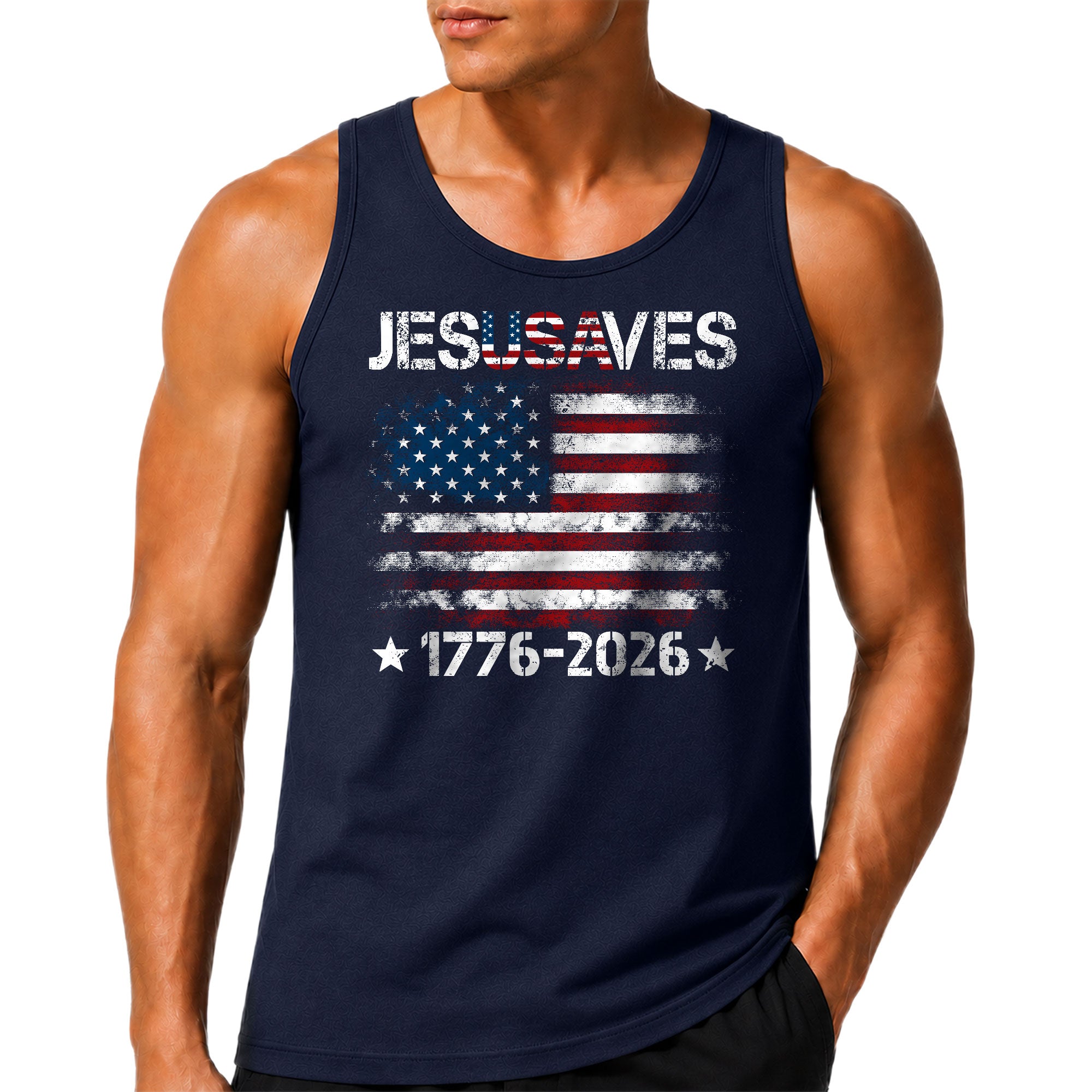 Men's Patriotic JESUSAVES 1776-2026 Tank Top - Faith Graphic Sleeveless Shirt