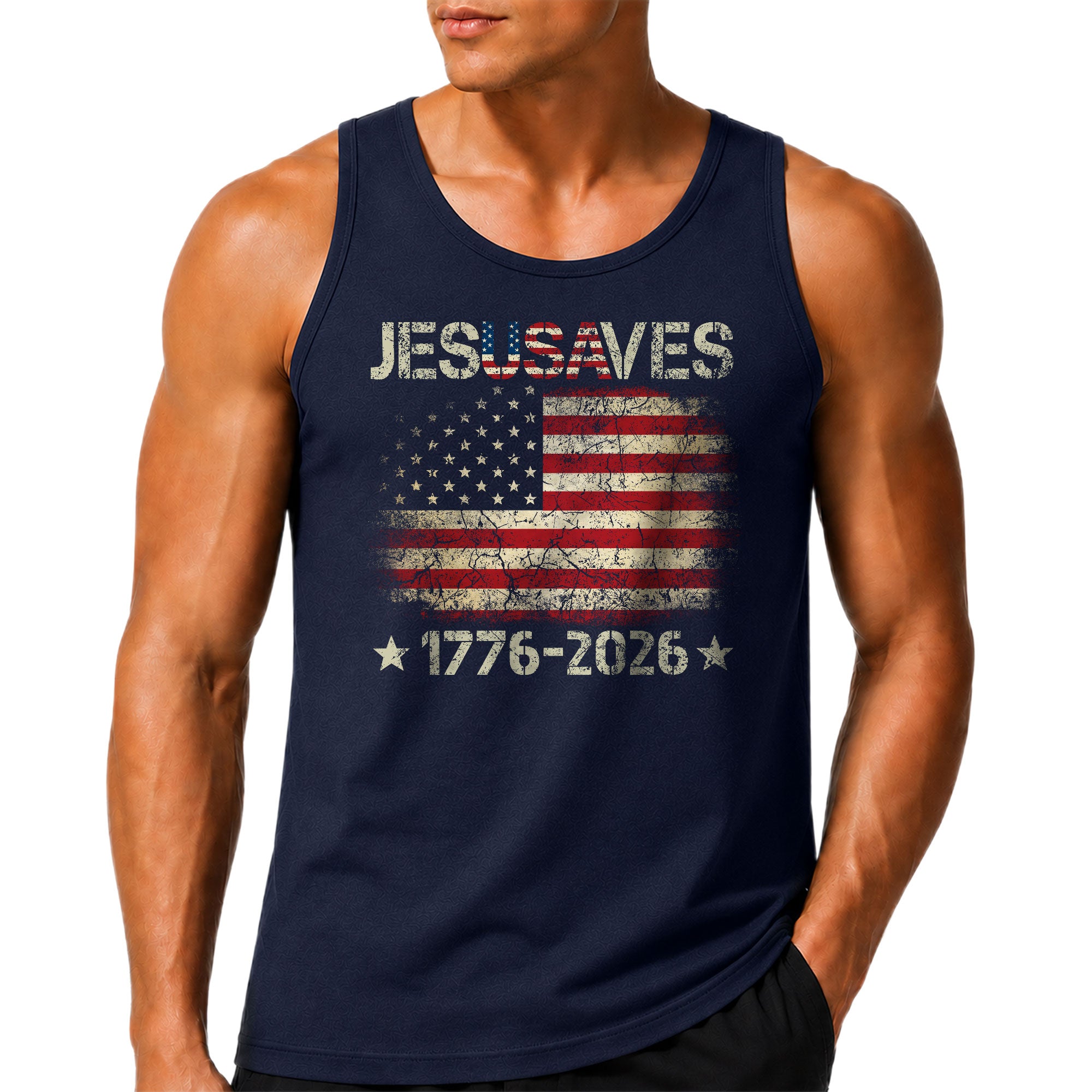 Men's Patriotic 1776-2026 Tank - JESUSAVES Faith Graphic Sleeveless Summer Shirt