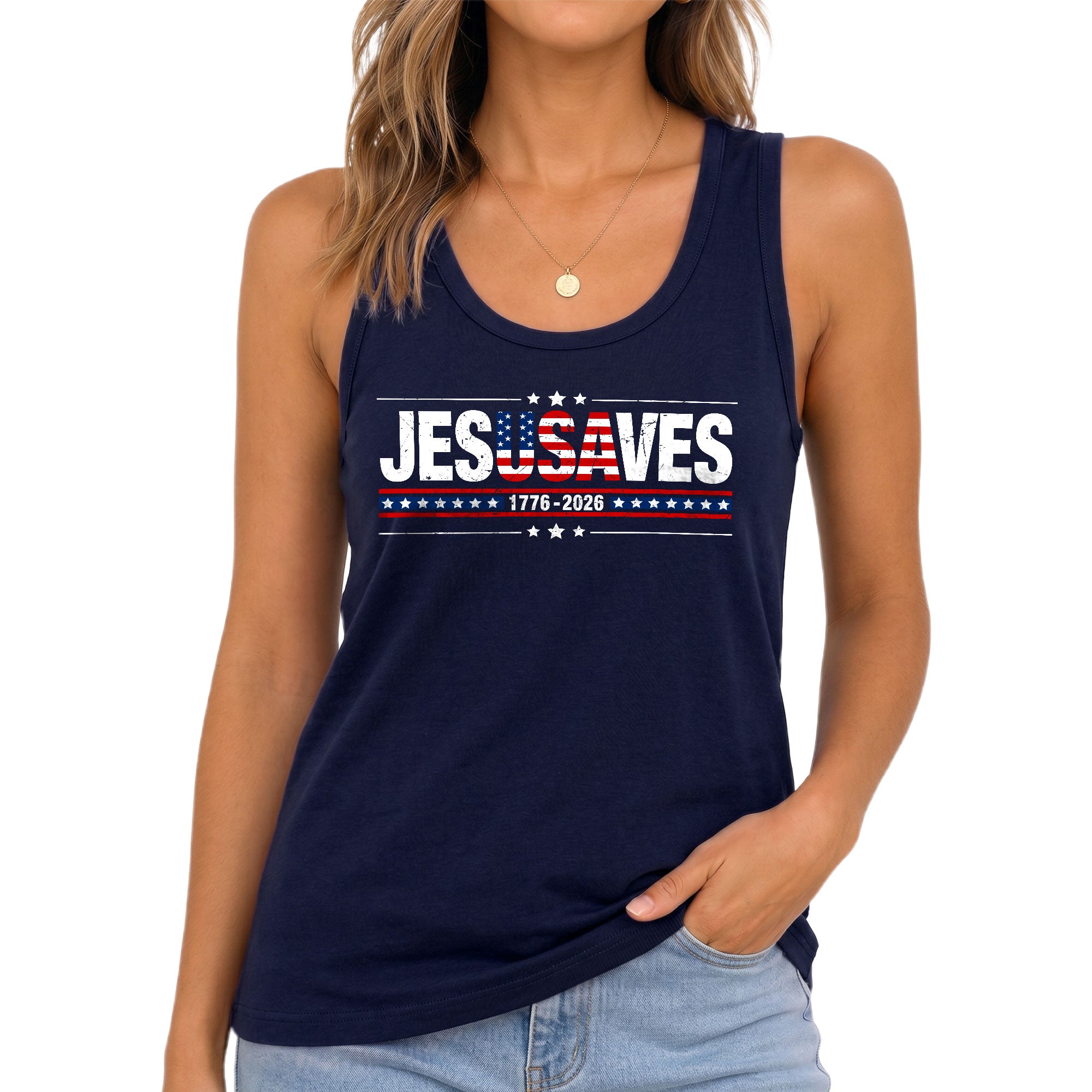 JESUSAVES Tank Top Women Christian Patriotic US Flag 1776-2026 Faith 4th of July Shirt